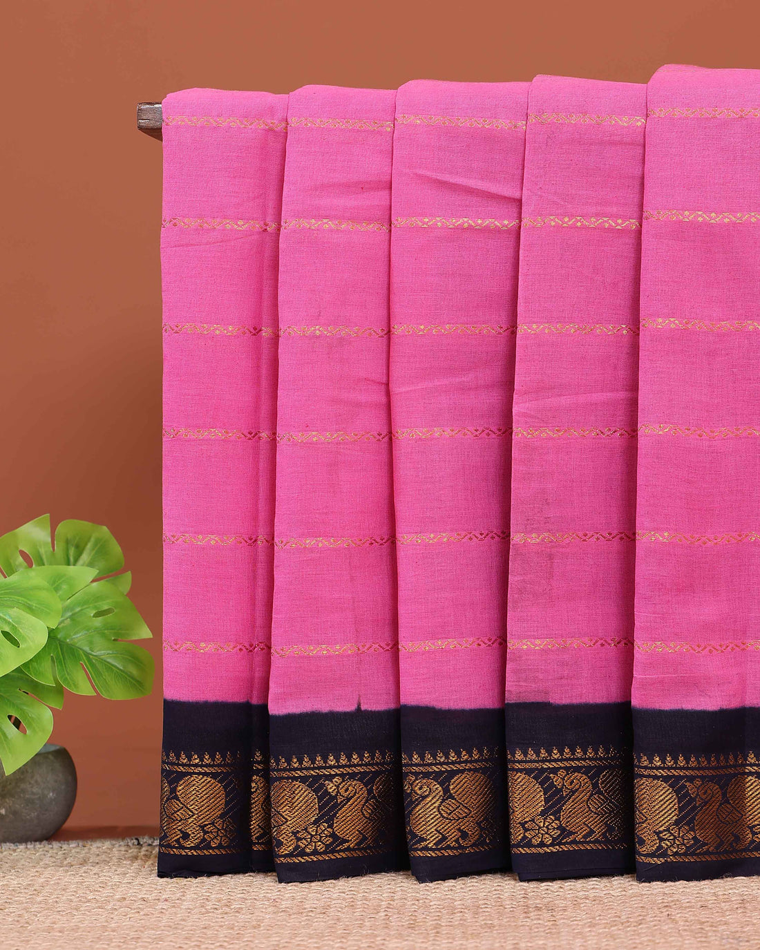 Traditional Sungudi Cotton Saree with Striped Body and Rich Zari Border - Rose Pink