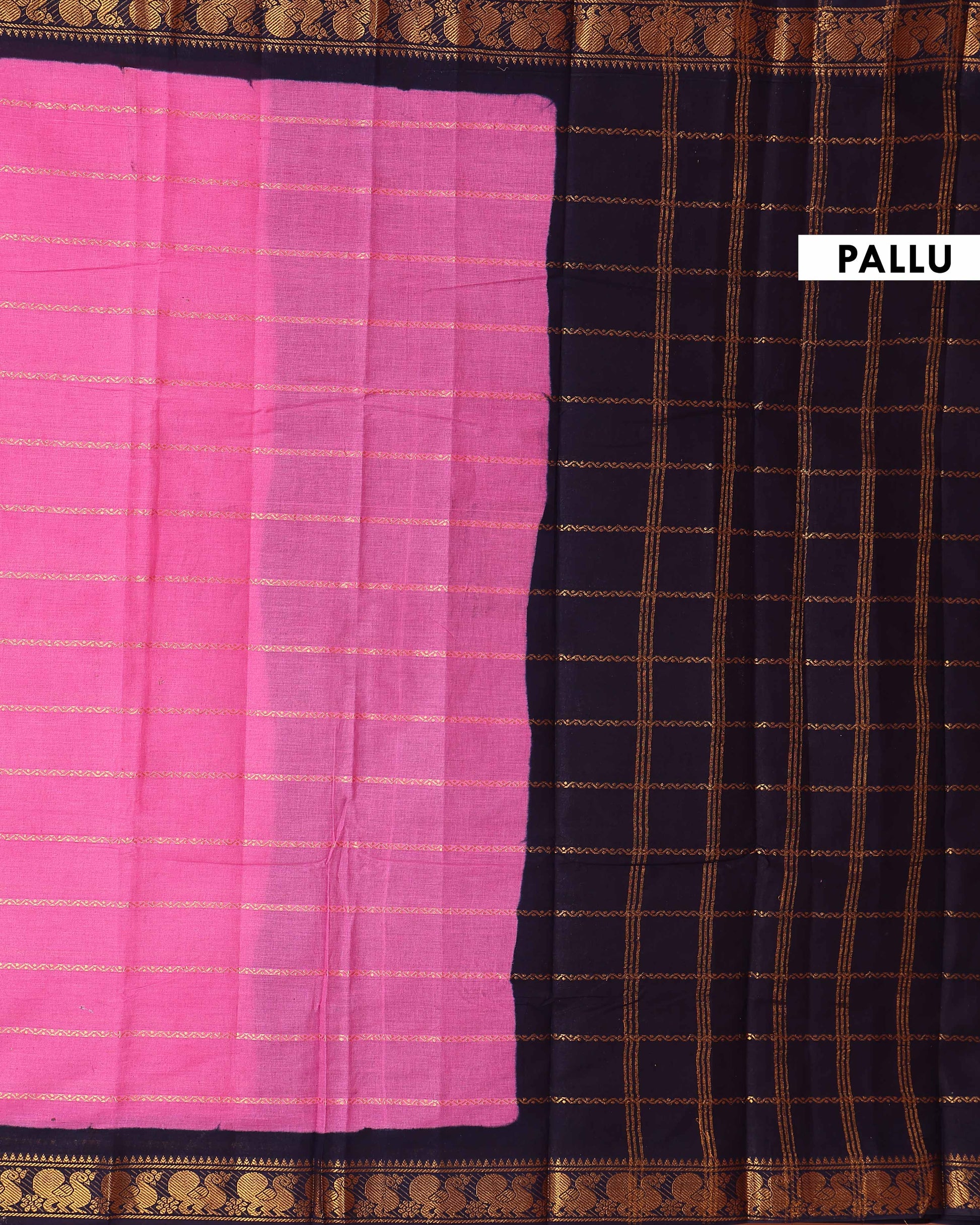 Traditional Sungudi Cotton Saree with Striped Body and Rich Zari Border - Rose Pink