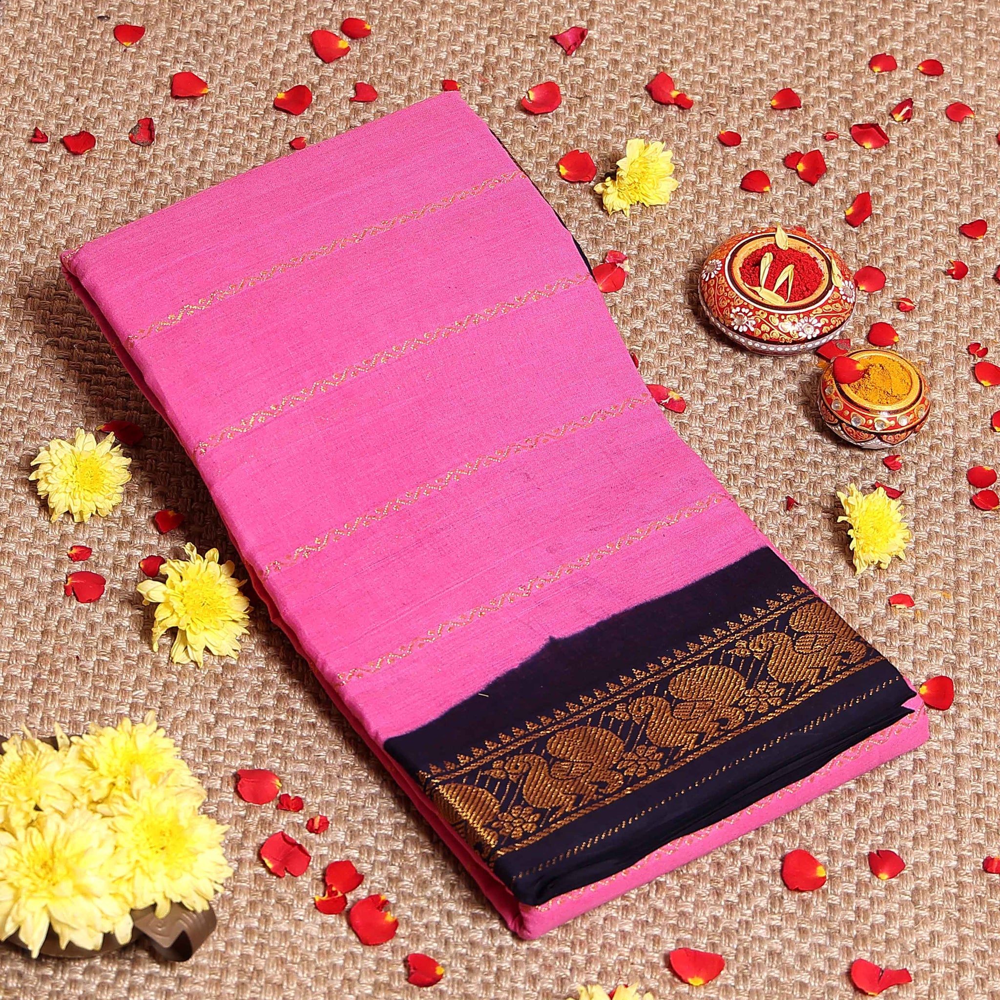 Traditional Sungudi Cotton Saree with Striped Body and Rich Zari Border - Rose Pink