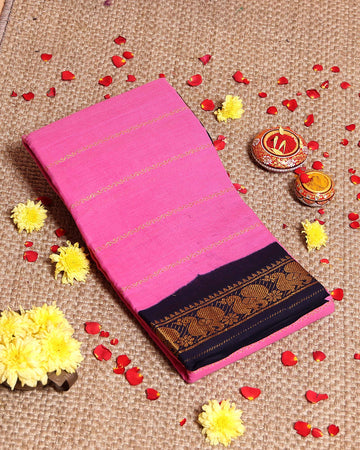 Traditional Sungudi Cotton Saree with Striped Body and Rich Zari Border - Rose Pink