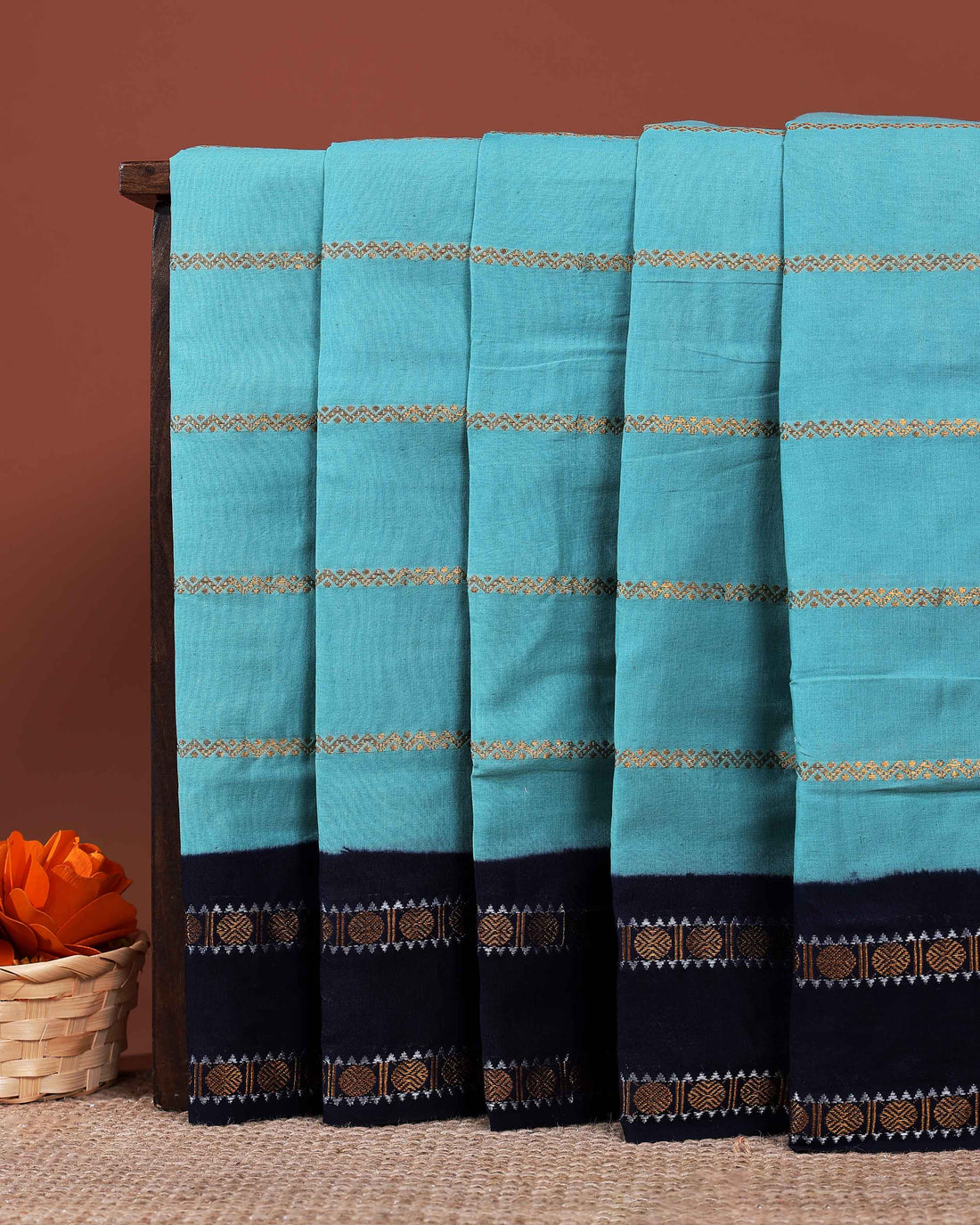 Traditional Sungudi Cotton Saree with Striped Body and Rich Zari Border - Sky Blue-one