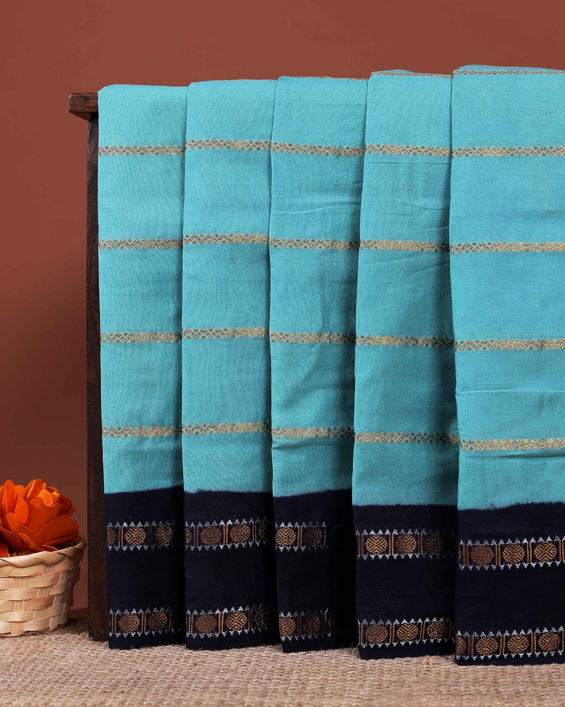 Traditional Sungudi Cotton Saree with Striped Body and Rich Zari Border - Sky Blue-one