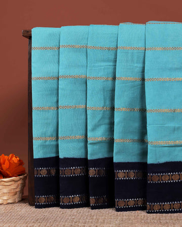 Traditional Sungudi Cotton Saree with Striped Body and Rich Zari Border - Sky Blue-one