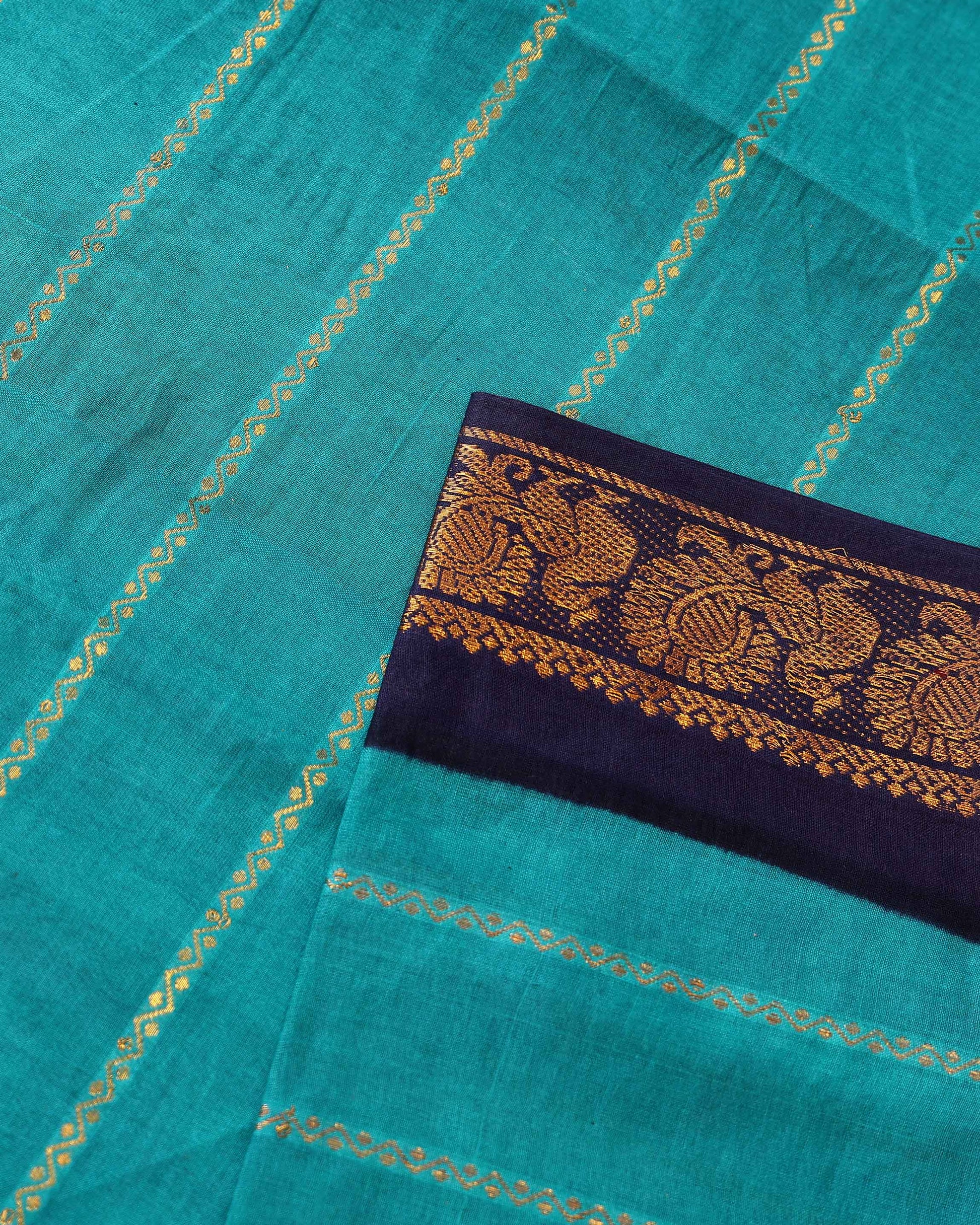 Traditional Sungudi Cotton Saree with Striped Body and Rich Zari Border  - Teal