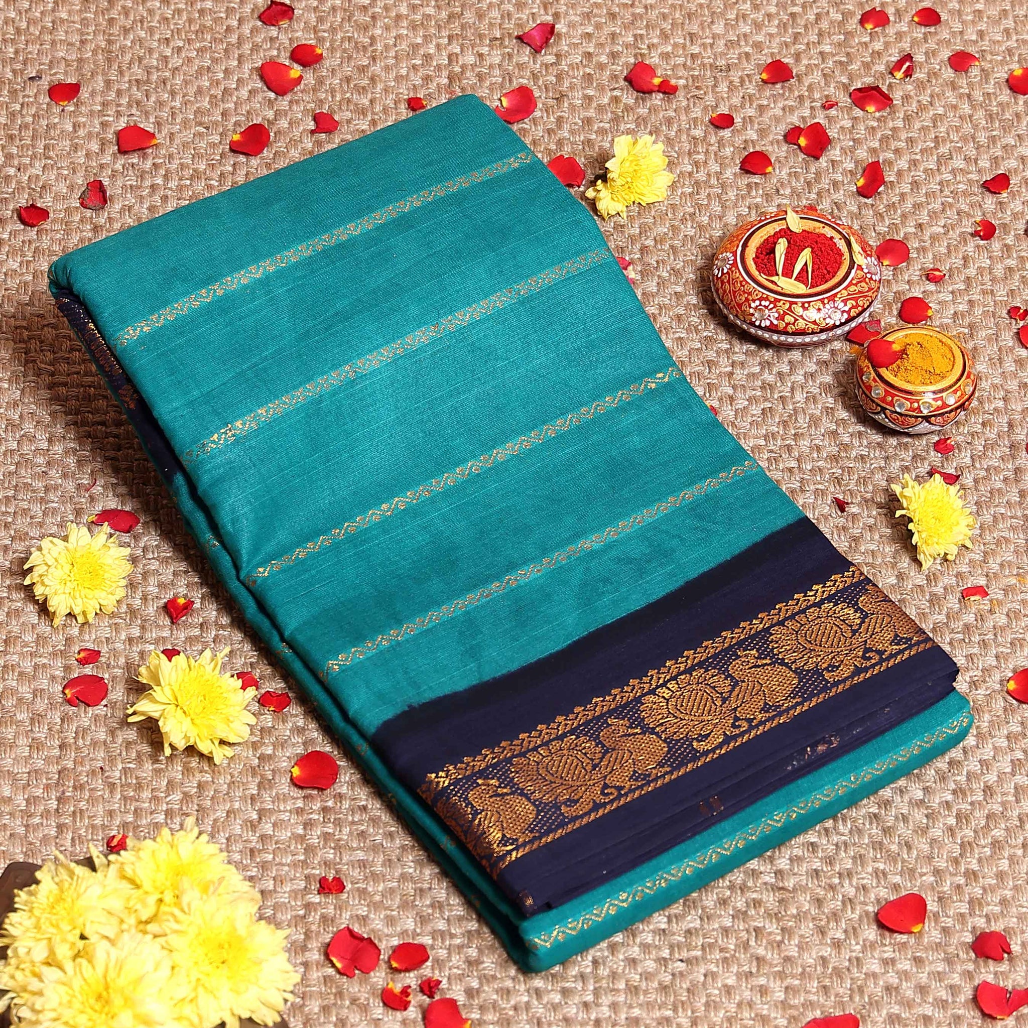 Traditional Sungudi Cotton Saree with Striped Body and Rich Zari Border  - Teal
