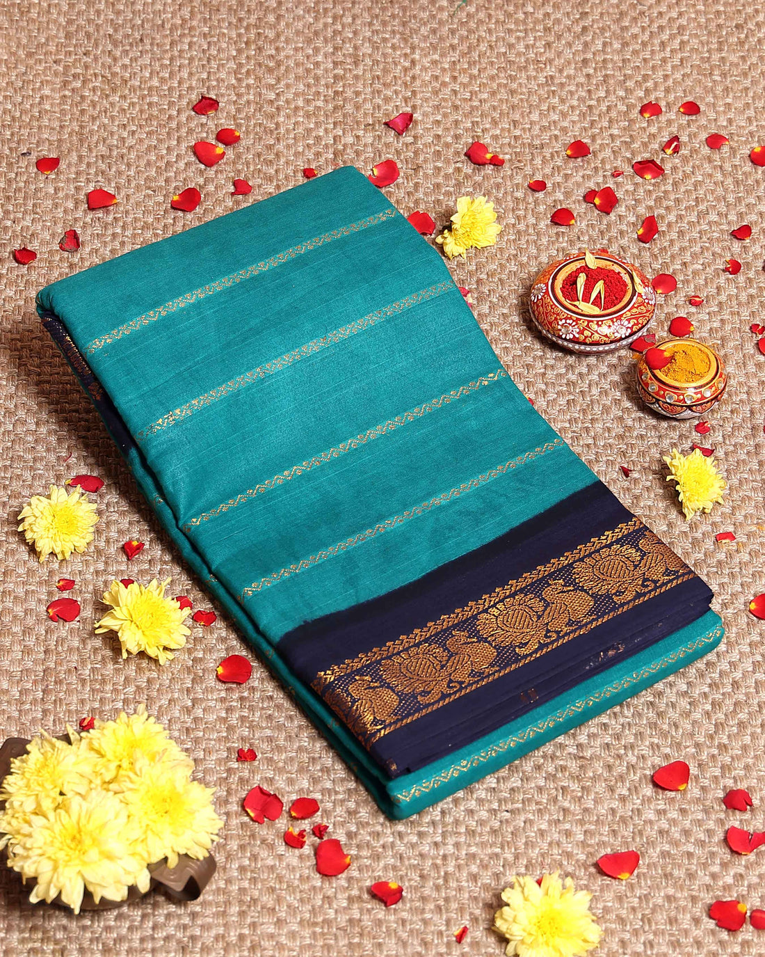 Traditional Sungudi Cotton Saree with Striped Body and Rich Zari Border  - Teal