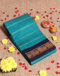 Traditional Sungudi Cotton Saree with Striped Body and Rich Zari Border  - Teal