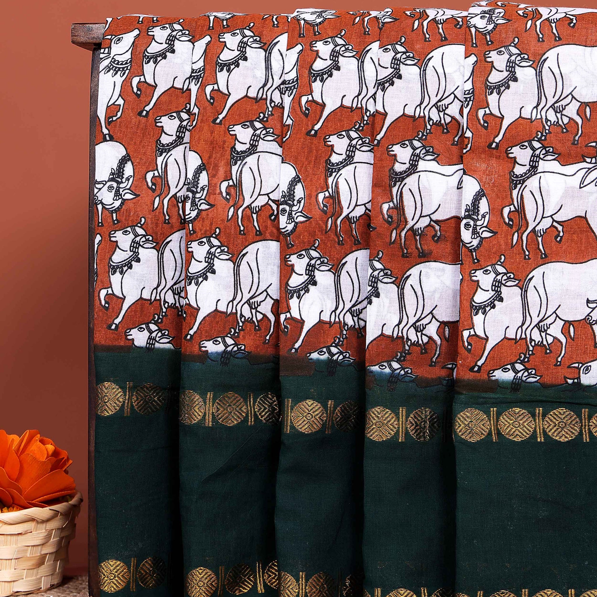 Traditional Sungudi Cotton Saree with Traditional Cow Motif Print and Zari Border  - Dark Brown