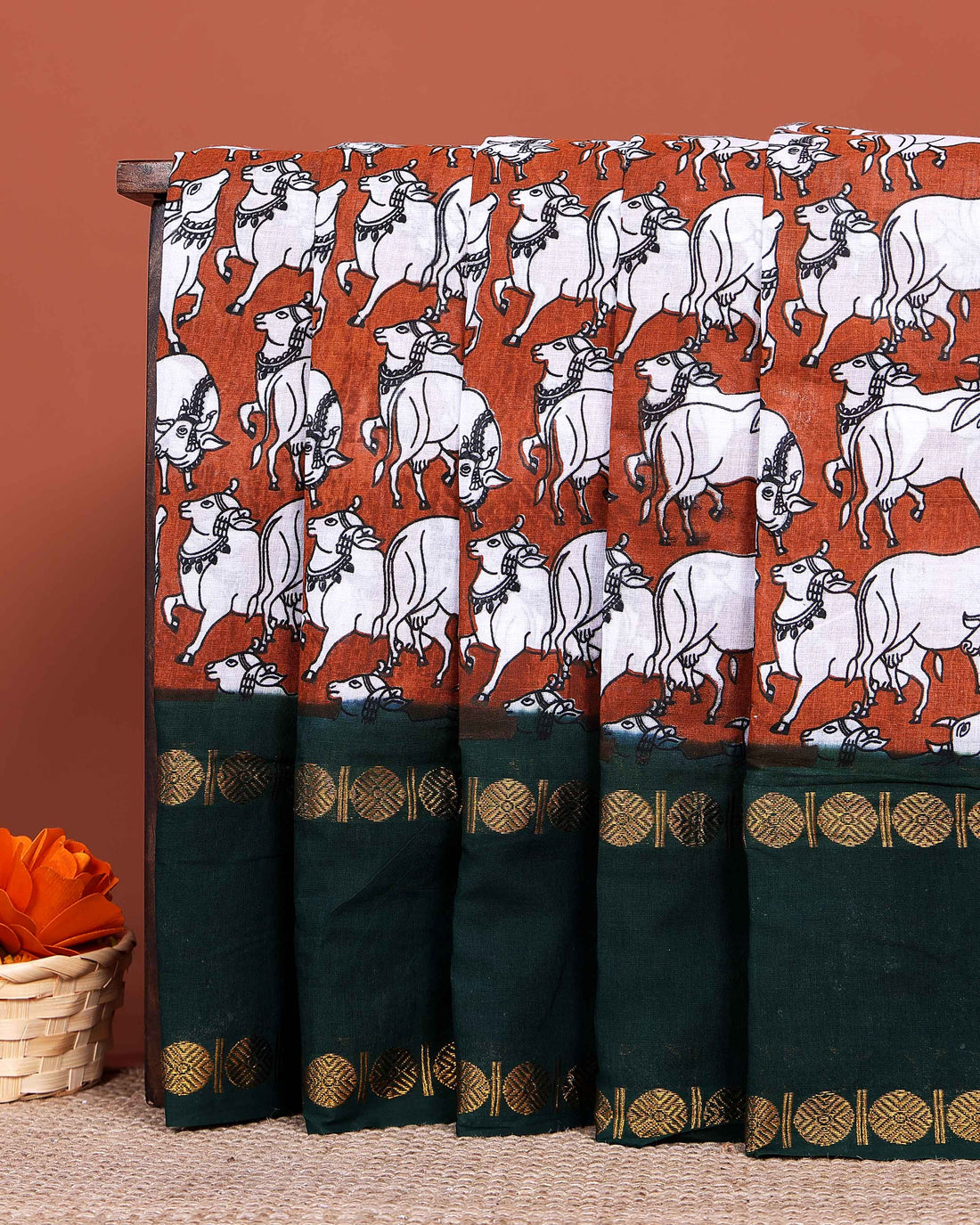 Traditional Sungudi Cotton Saree with Traditional Cow Motif Print and Zari Border  - Dark Brown