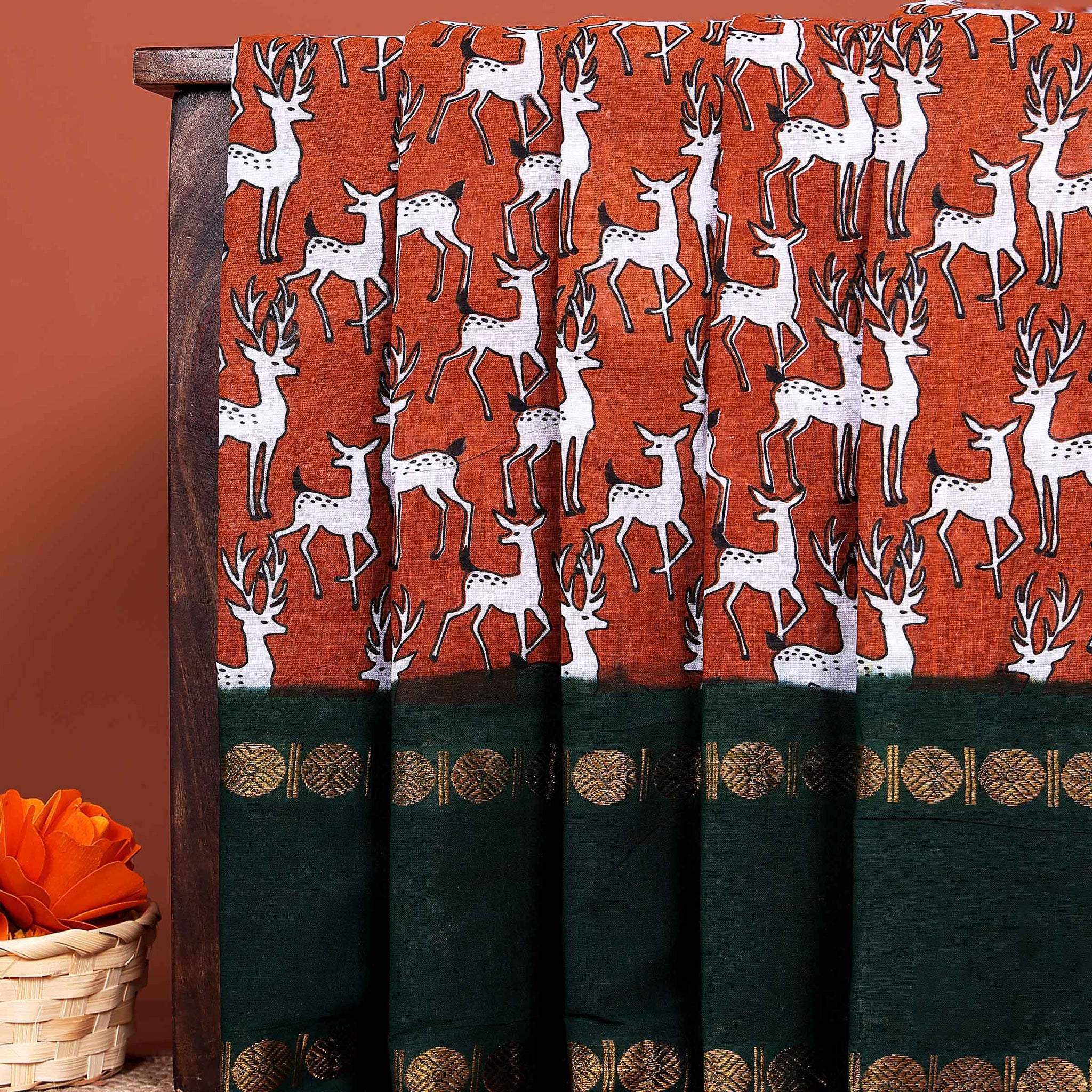Traditional Sungudi Cotton Saree with Traditional Deer Motifs and Temple Border - Dark Orange