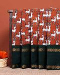 Traditional Sungudi Cotton Saree with Traditional Deer Motifs and Temple Border - Dark Orange