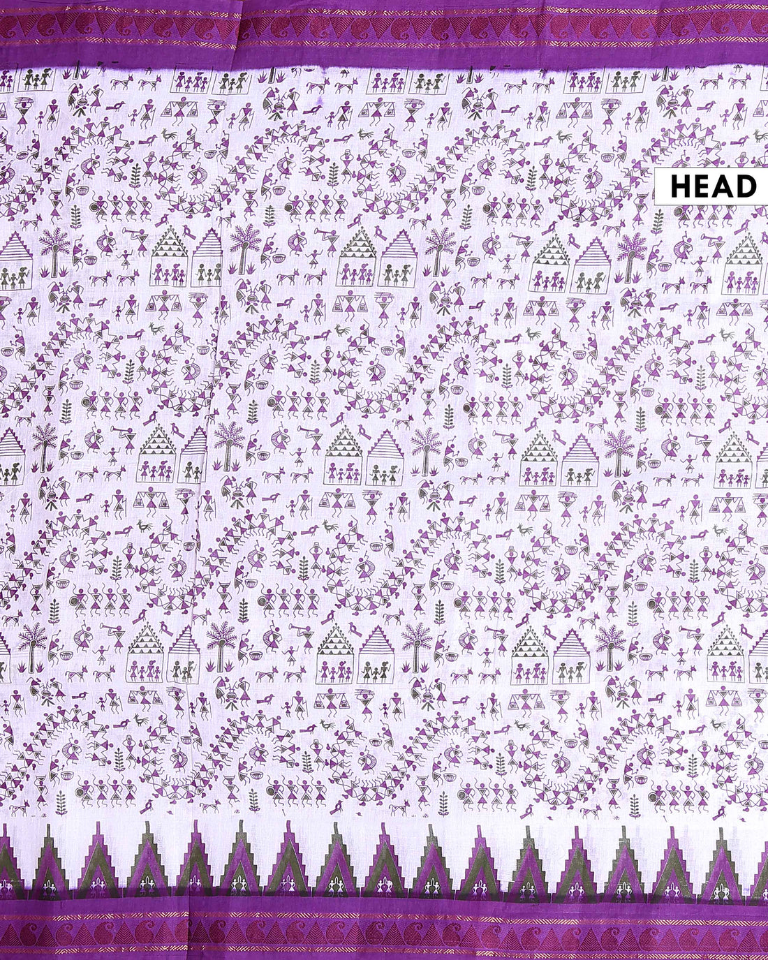 Traditional Sungudi Cotton Saree with Traditional Print and Temple Border - White