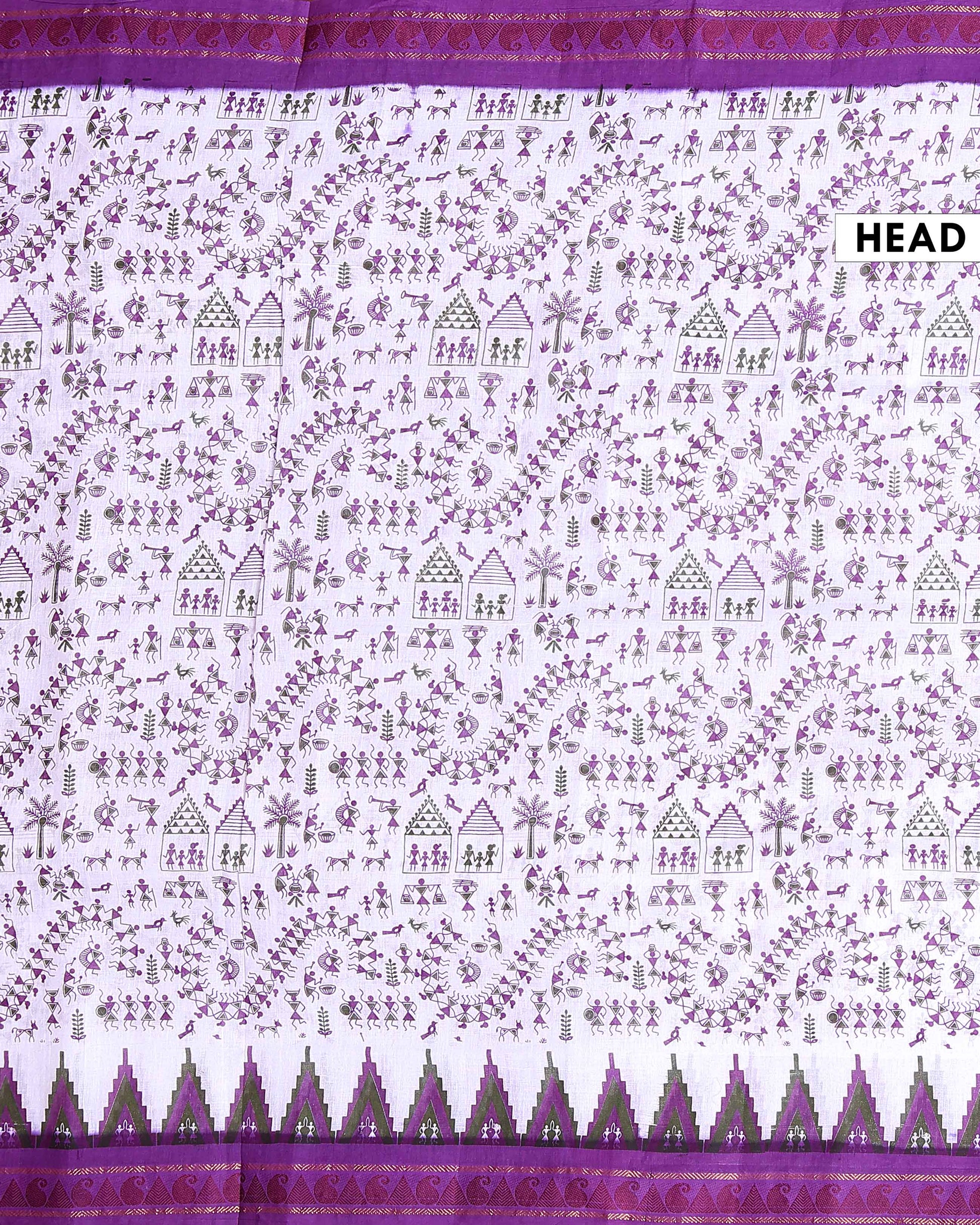 Traditional Sungudi Cotton Saree with Traditional Print and Temple Border - White