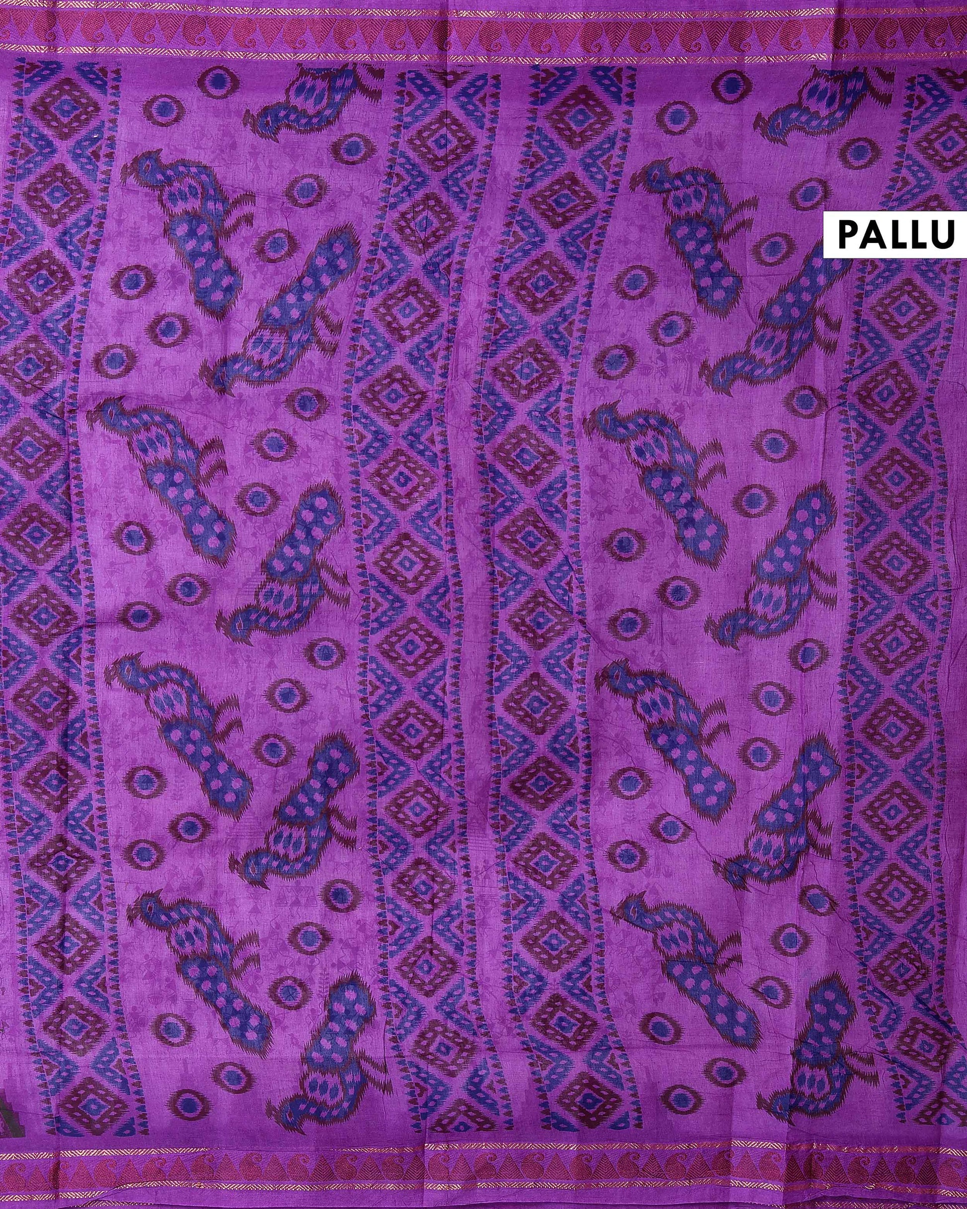 Traditional Sungudi Cotton Saree with Traditional Print and Temple Border - White