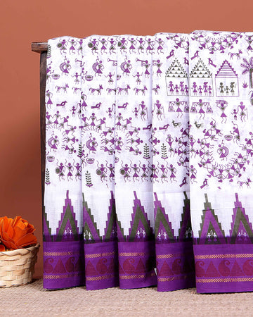 Traditional Sungudi Cotton Saree with Traditional Print and Temple Border - White