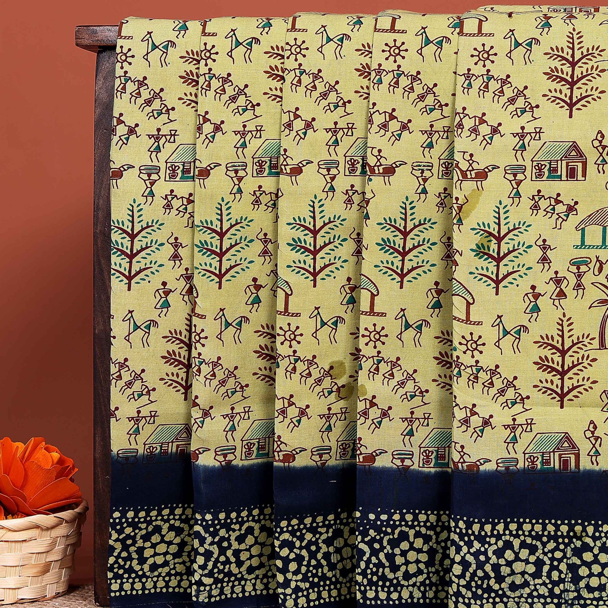 Traditional Sungudi Cotton Saree with Warli Tribal Print and Designer Contrast Patterned Border - Light Yellow