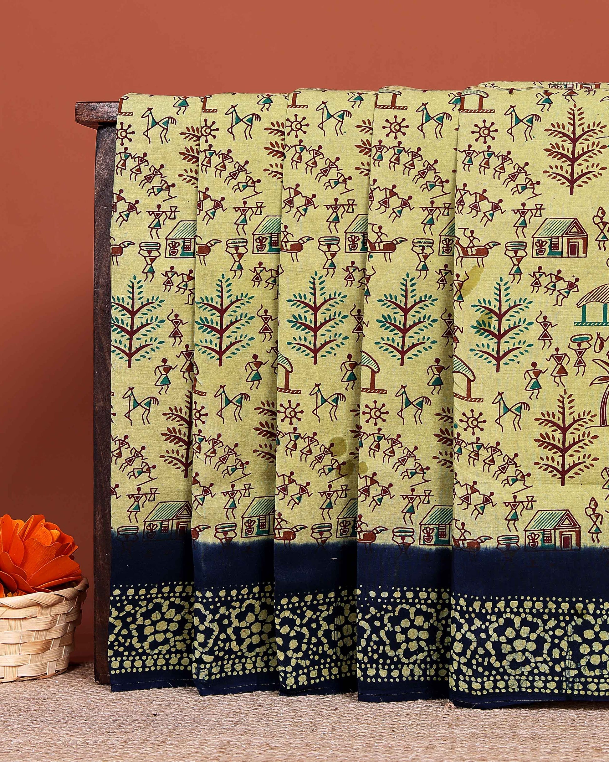 Traditional Sungudi Cotton Saree with Warli Tribal Print and Designer Contrast Patterned Border - Light Yellow