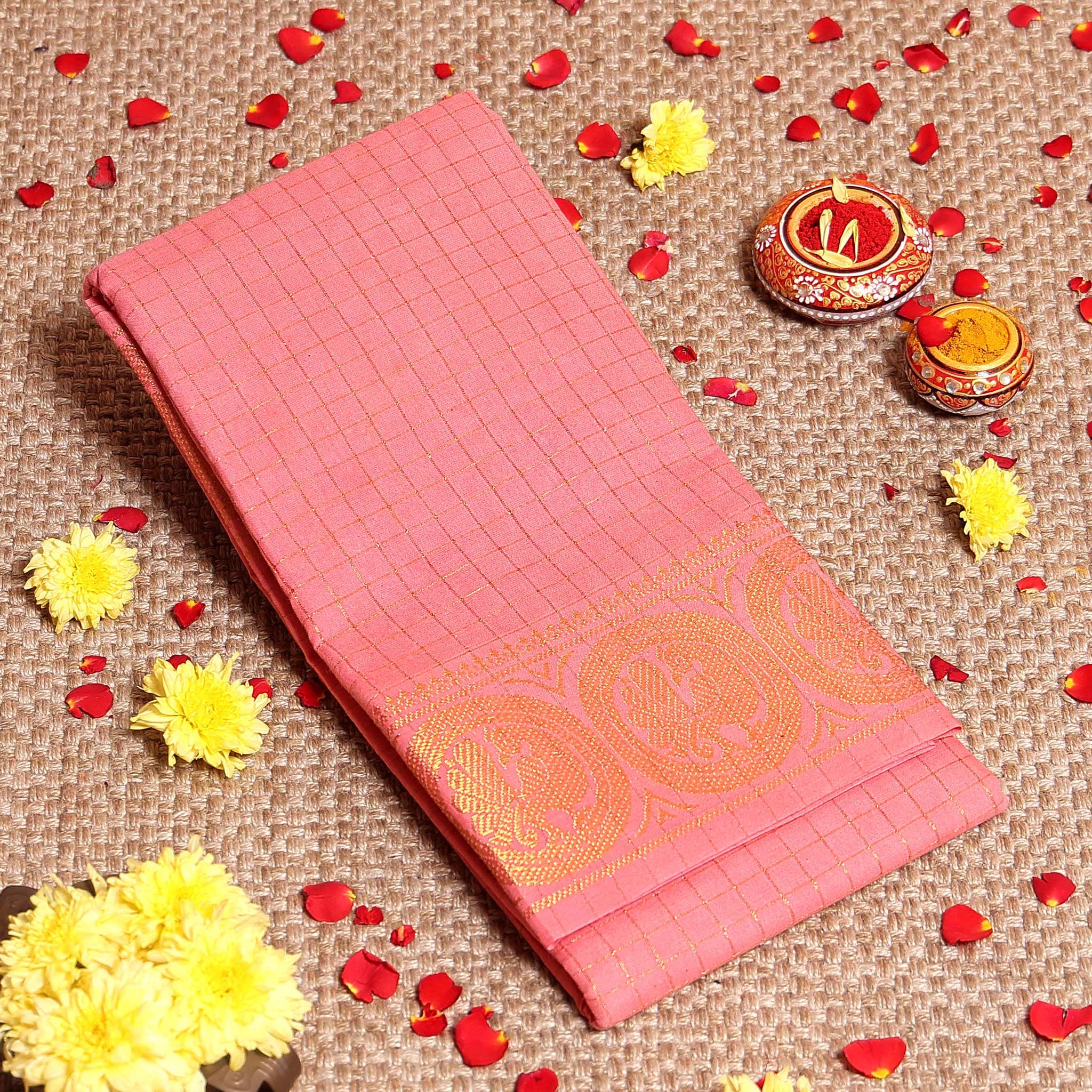 Traditional Sungudi Cotton Saree with Zari Check Weave and Intricate Zari Border - Peach