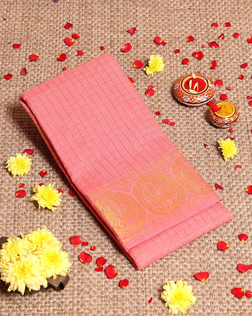 Traditional Sungudi Cotton Saree with Zari Check Weave and Intricate Zari Border - Peach