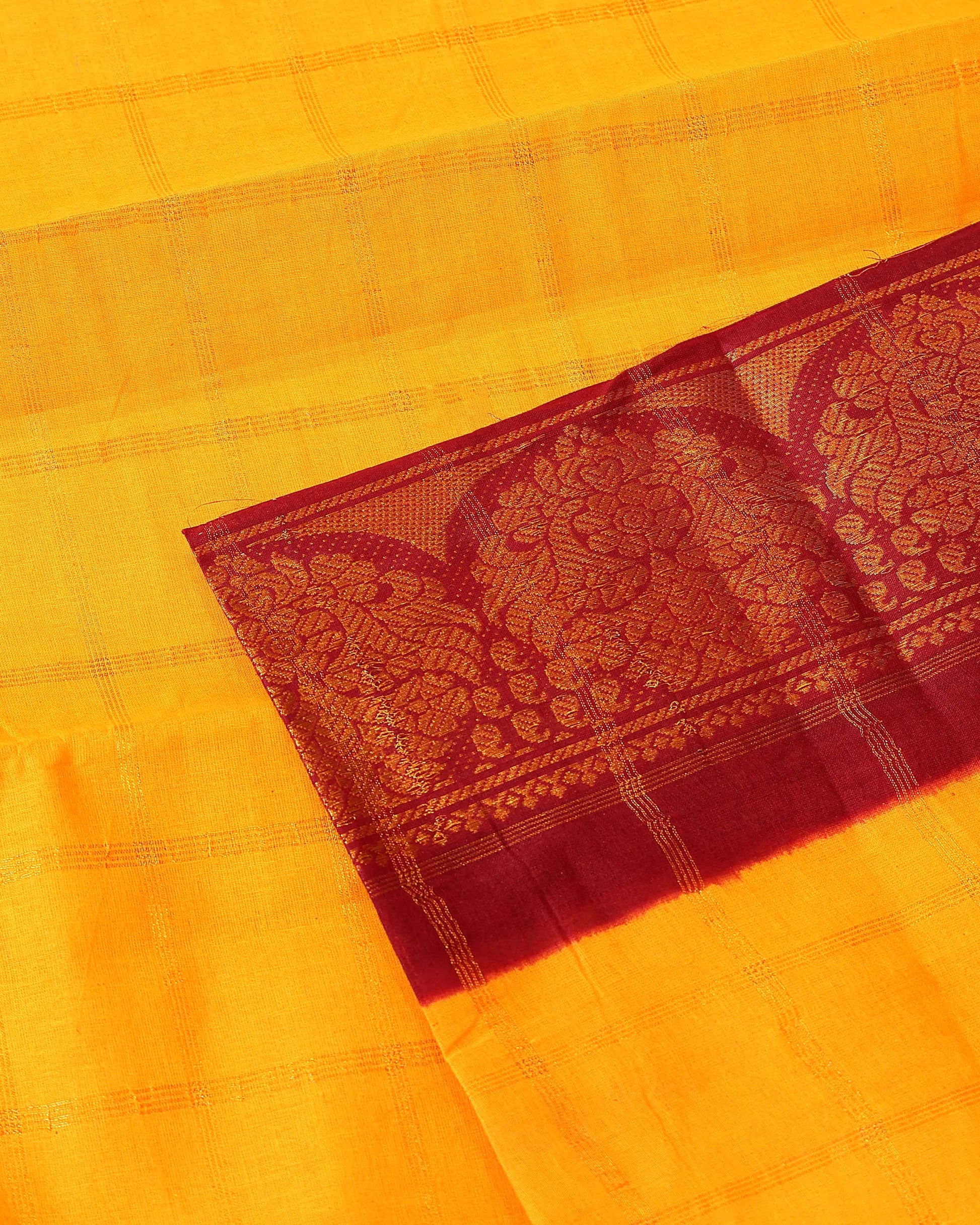 Traditional Sungudi Cotton Saree with Zari Checked Body and Intricate Peacock Motif Border - Yellow