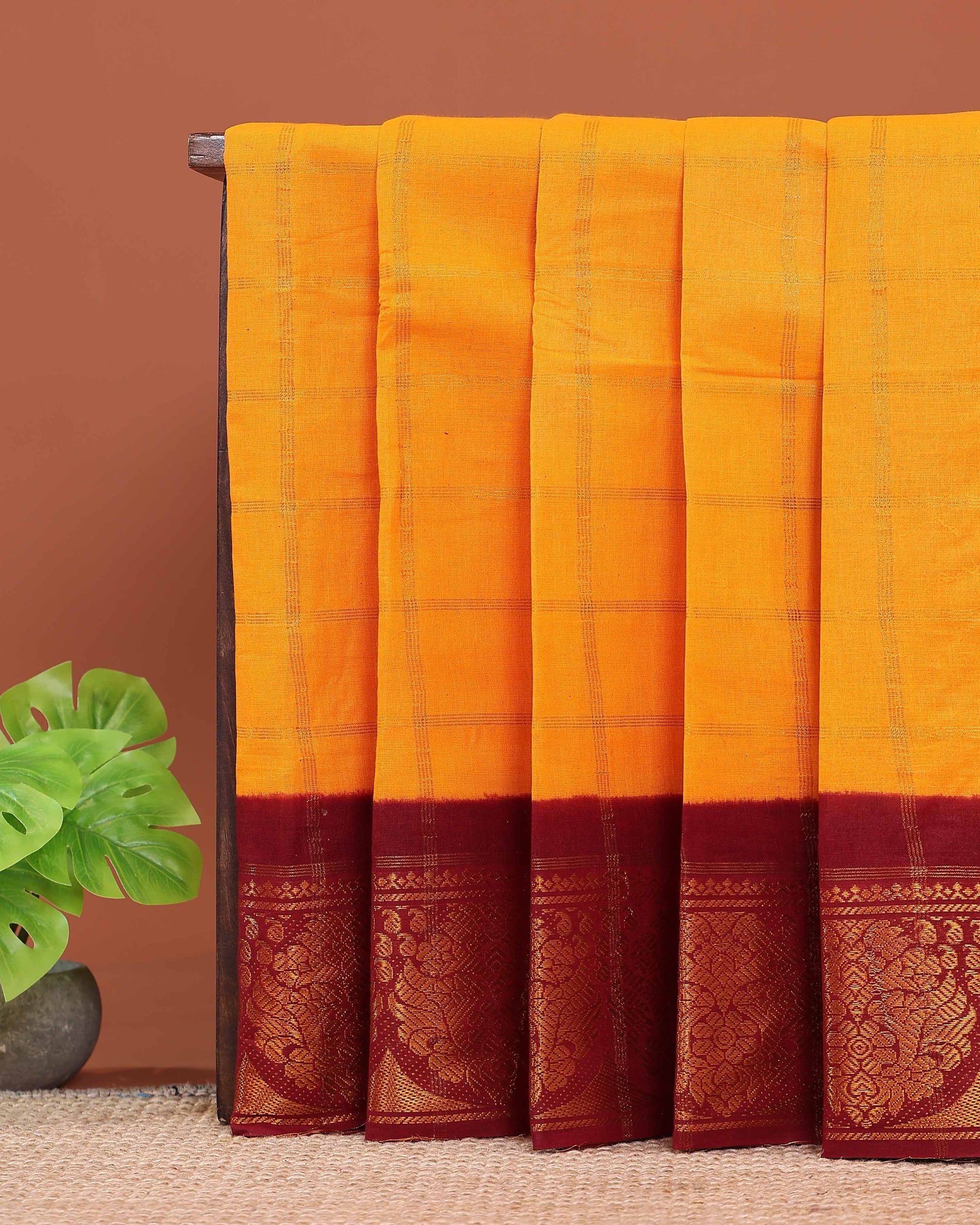 Traditional Sungudi Cotton Saree with Zari Checked Body and Intricate Peacock Motif Border - Yellow