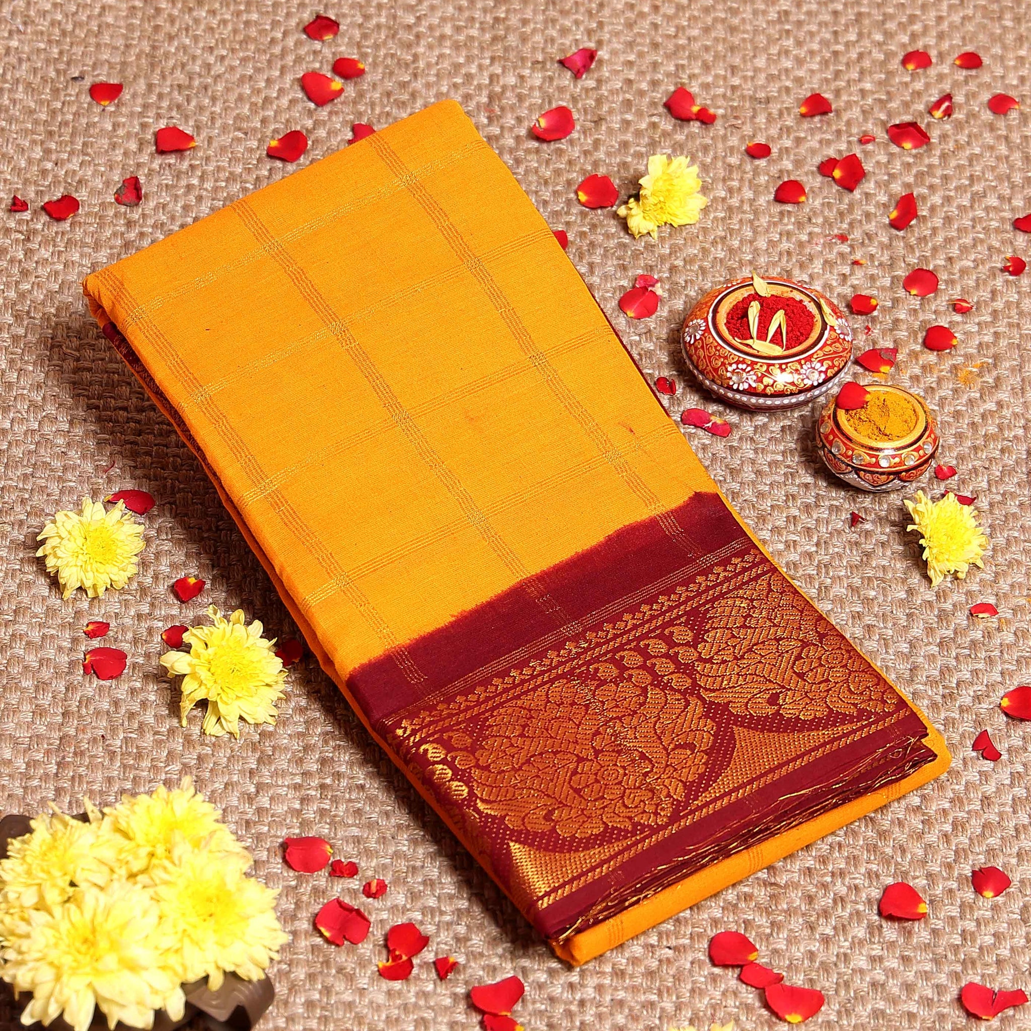 Traditional Sungudi Cotton Saree with Zari Checked Body and Intricate Peacock Motif Border - Yellow