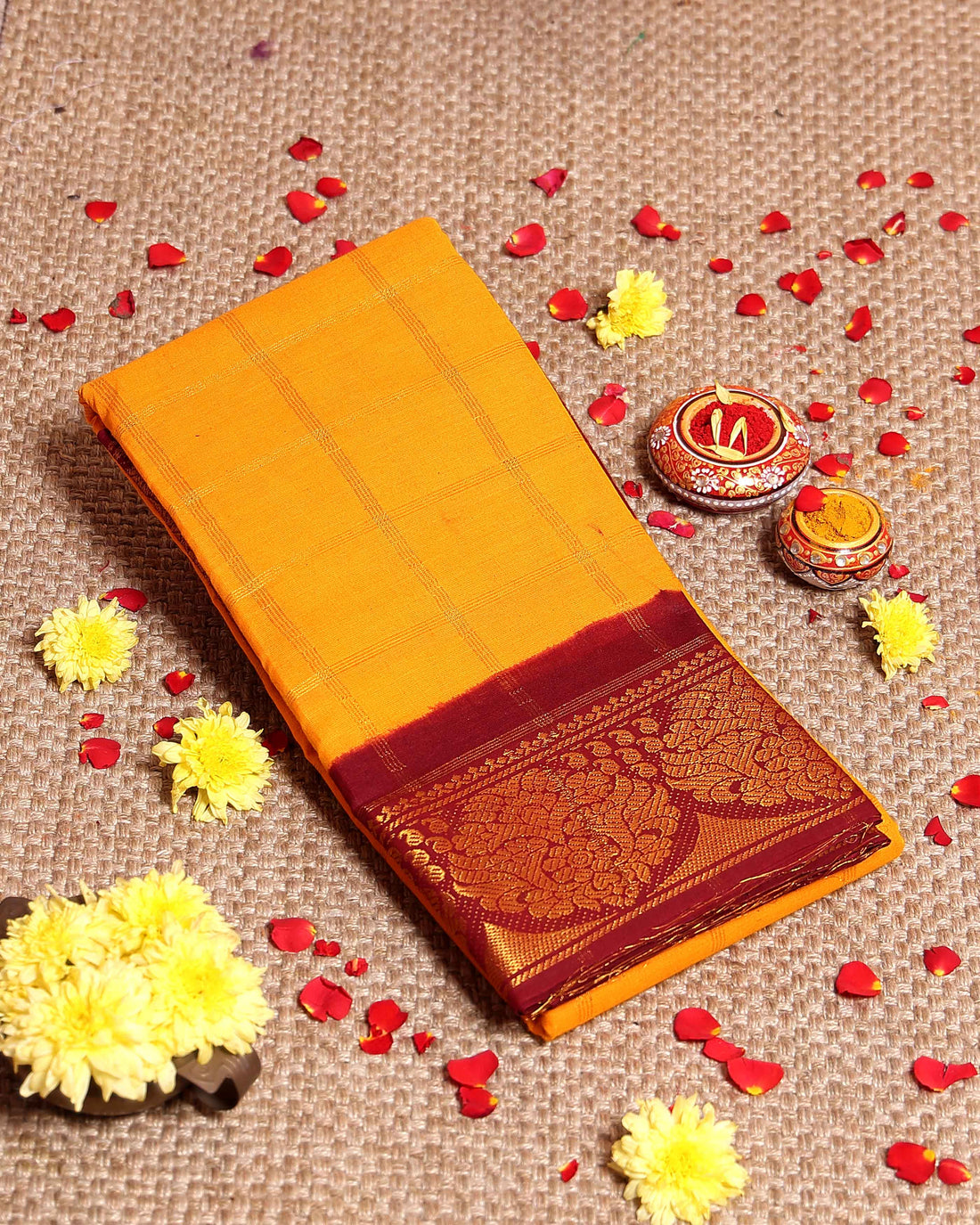 Traditional Sungudi Cotton Saree with Zari Checked Body and Intricate Peacock Motif Border - Yellow