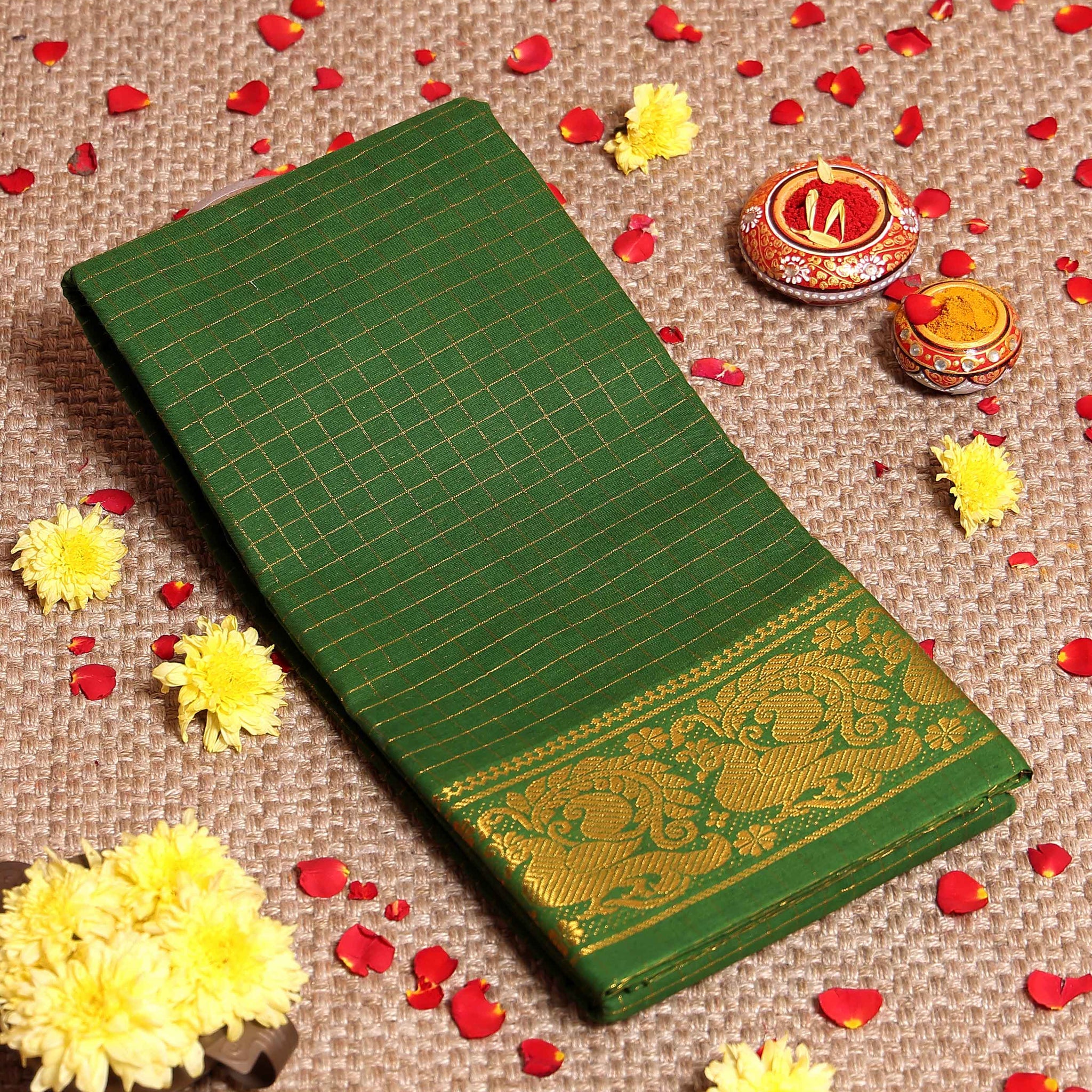 Traditional Sungudi Cotton Saree with Zari Checks and Decorative Zari Border - Green