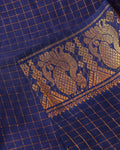 Traditional Sungudi Cotton Saree with Zari Checks and Intricate Peacock Motif Border - Navy Blue