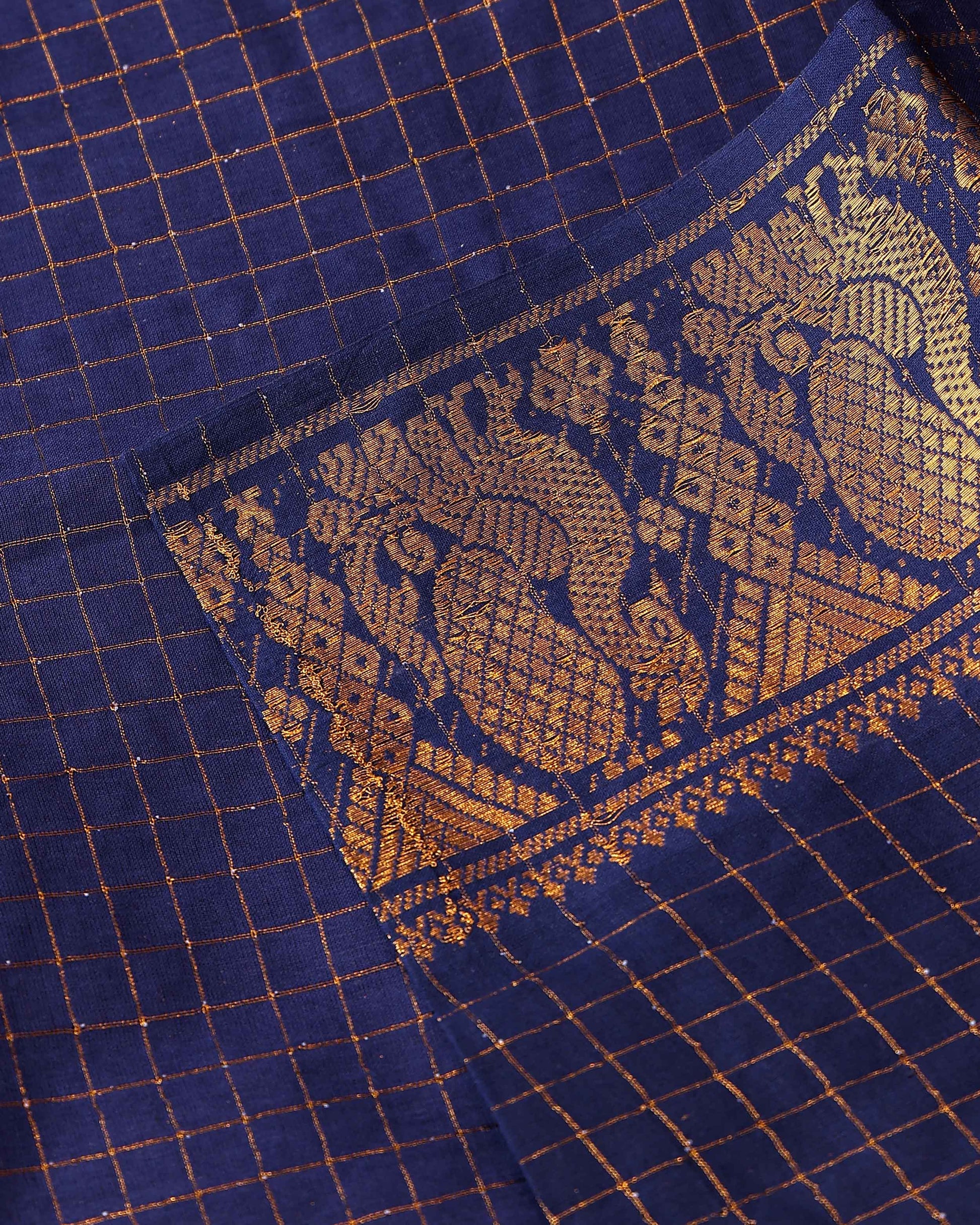Traditional Sungudi Cotton Saree with Zari Checks and Intricate Peacock Motif Border - Navy Blue