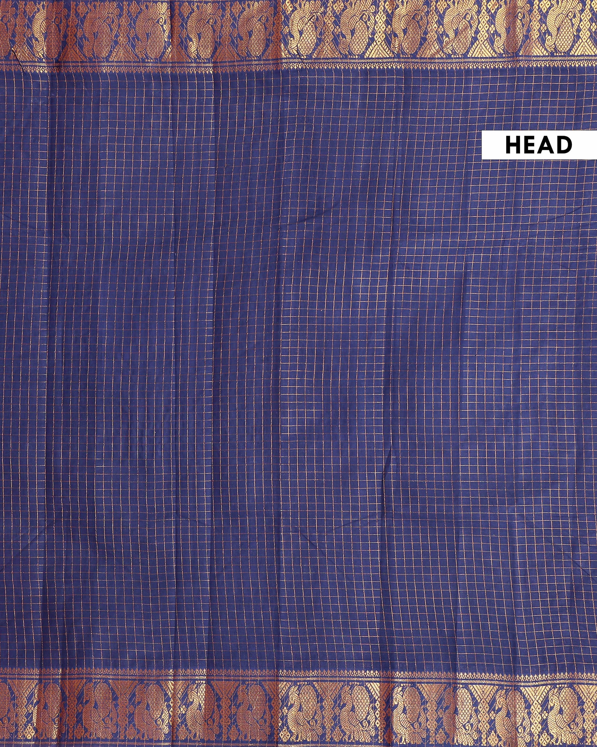 Traditional Sungudi Cotton Saree with Zari Checks and Intricate Peacock Motif Border - Navy Blue