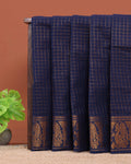 Traditional Sungudi Cotton Saree with Zari Checks and Intricate Peacock Motif Border - Navy Blue