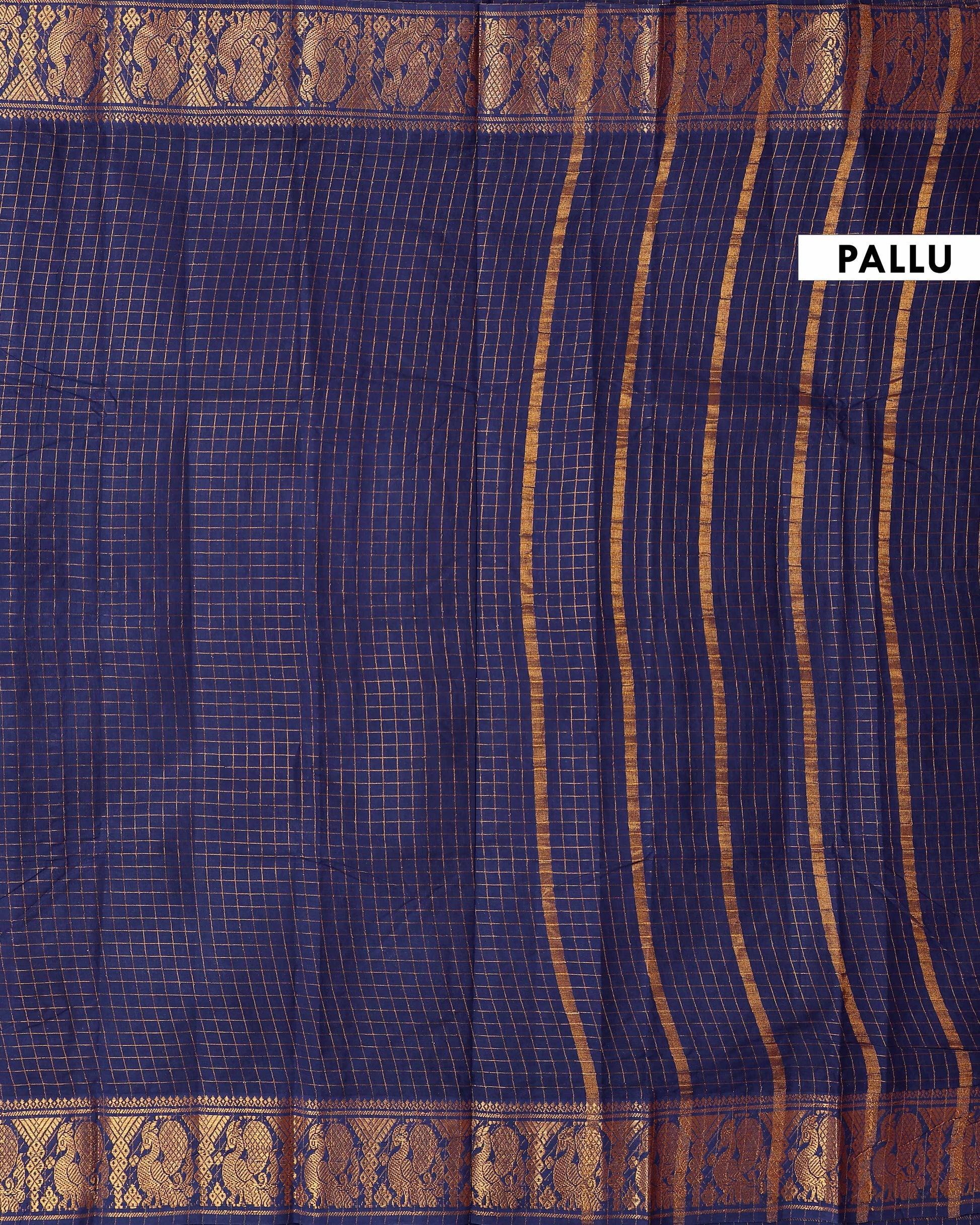 Traditional Sungudi Cotton Saree with Zari Checks and Intricate Peacock Motif Border - Navy Blue