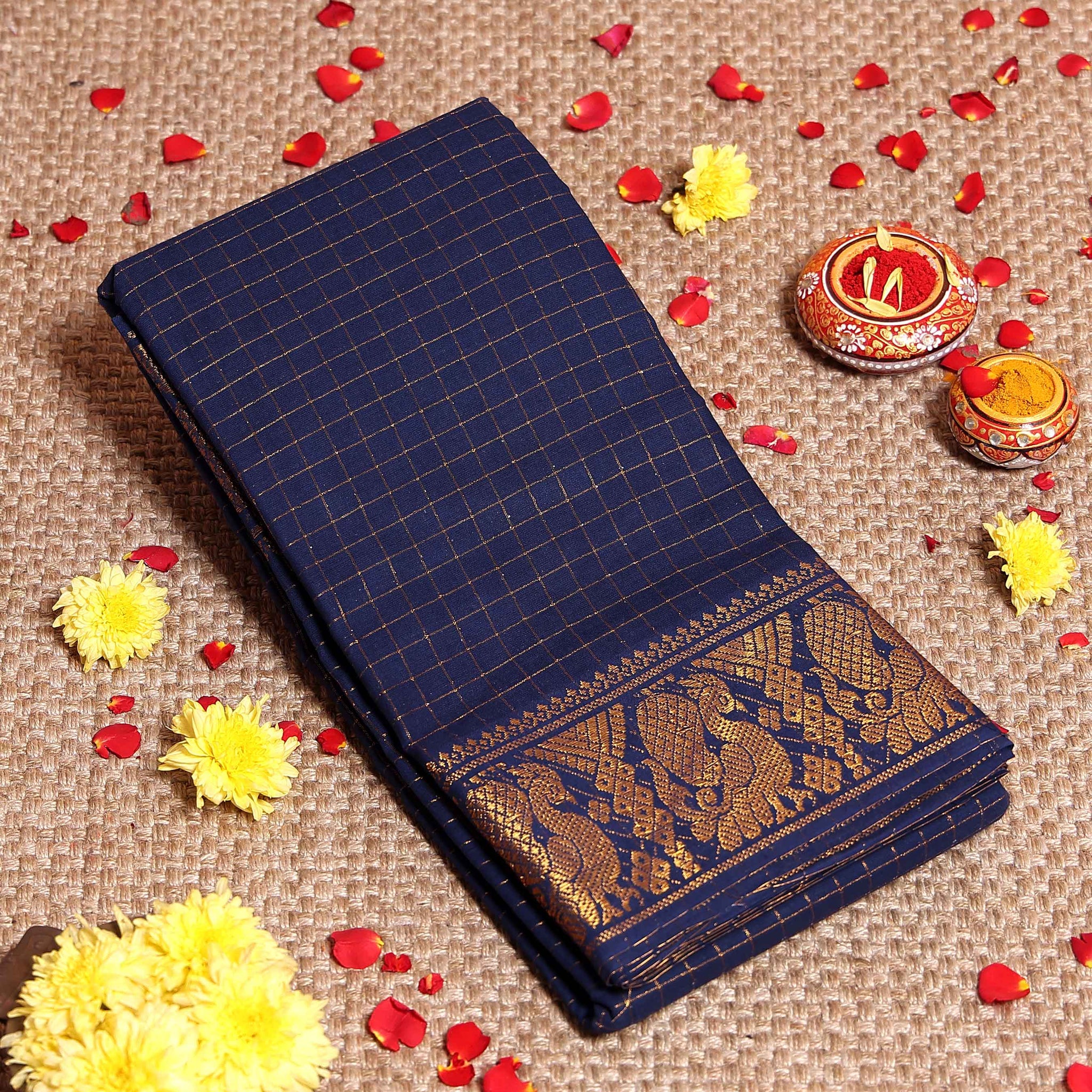 Traditional Sungudi Cotton Saree with Zari Checks and Intricate Peacock Motif Border - Navy Blue