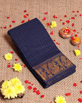 Traditional Sungudi Cotton Saree with Zari Checks and Intricate Peacock Motif Border - Navy Blue