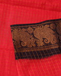 Traditional Sungudi Cotton Saree with Zari Checks and Intricate Peacock Motif Border - Red