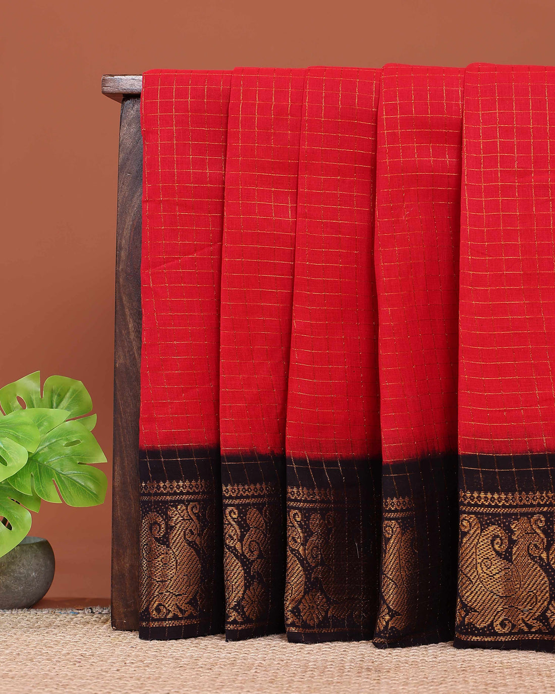 Traditional Sungudi Cotton Saree with Zari Checks and Intricate Peacock Motif Border - Red