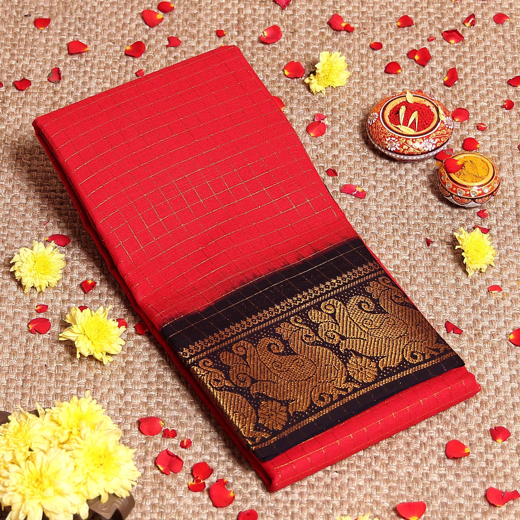 Traditional Sungudi Cotton Saree with Zari Checks and Intricate Peacock Motif Border - Red