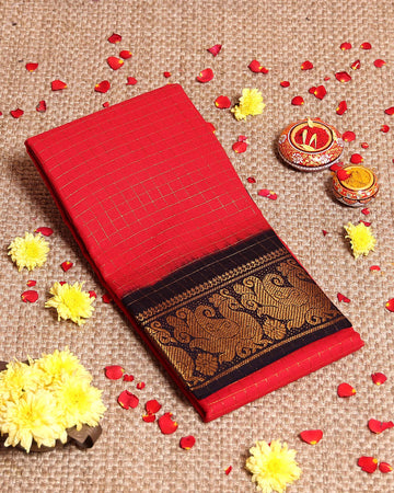 Traditional Sungudi Cotton Saree with Zari Checks and Intricate Peacock Motif Border - Red