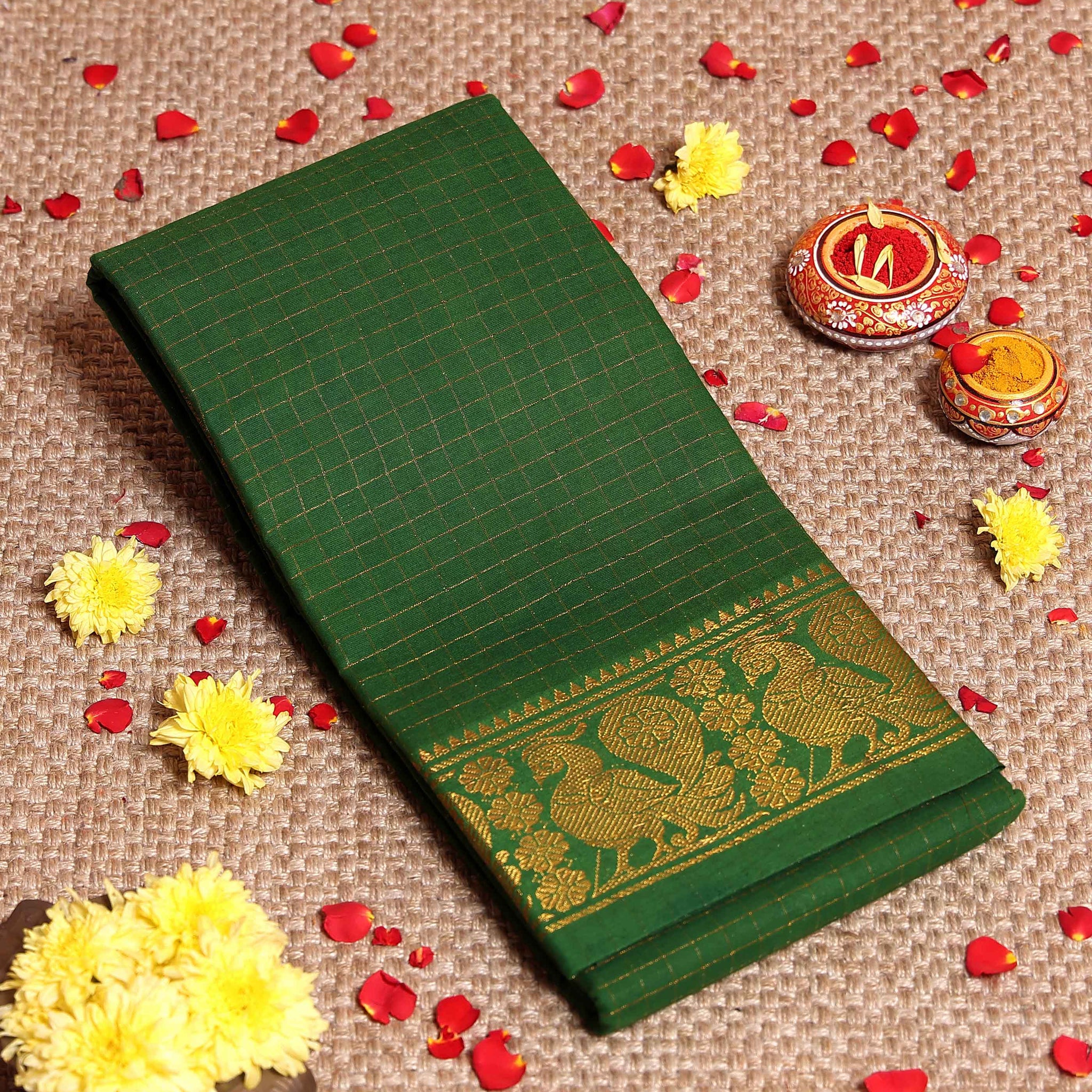 Traditional Sungudi Cotton Saree with Zari Checks and Peacock Motif Border - Green