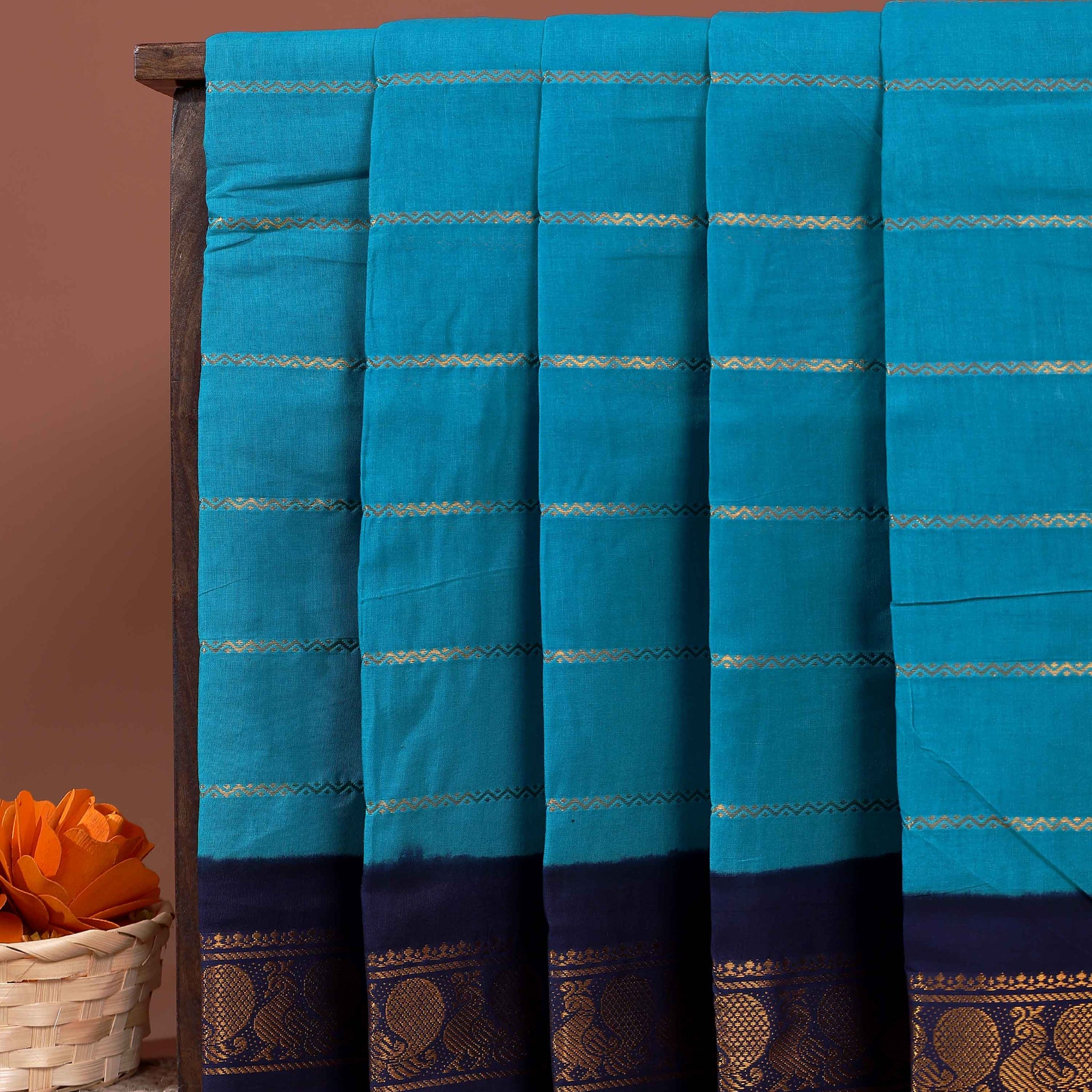 Traditional Sungudi Handloom Cotton Saree with Striped Body and Rich Zari Border - Blue