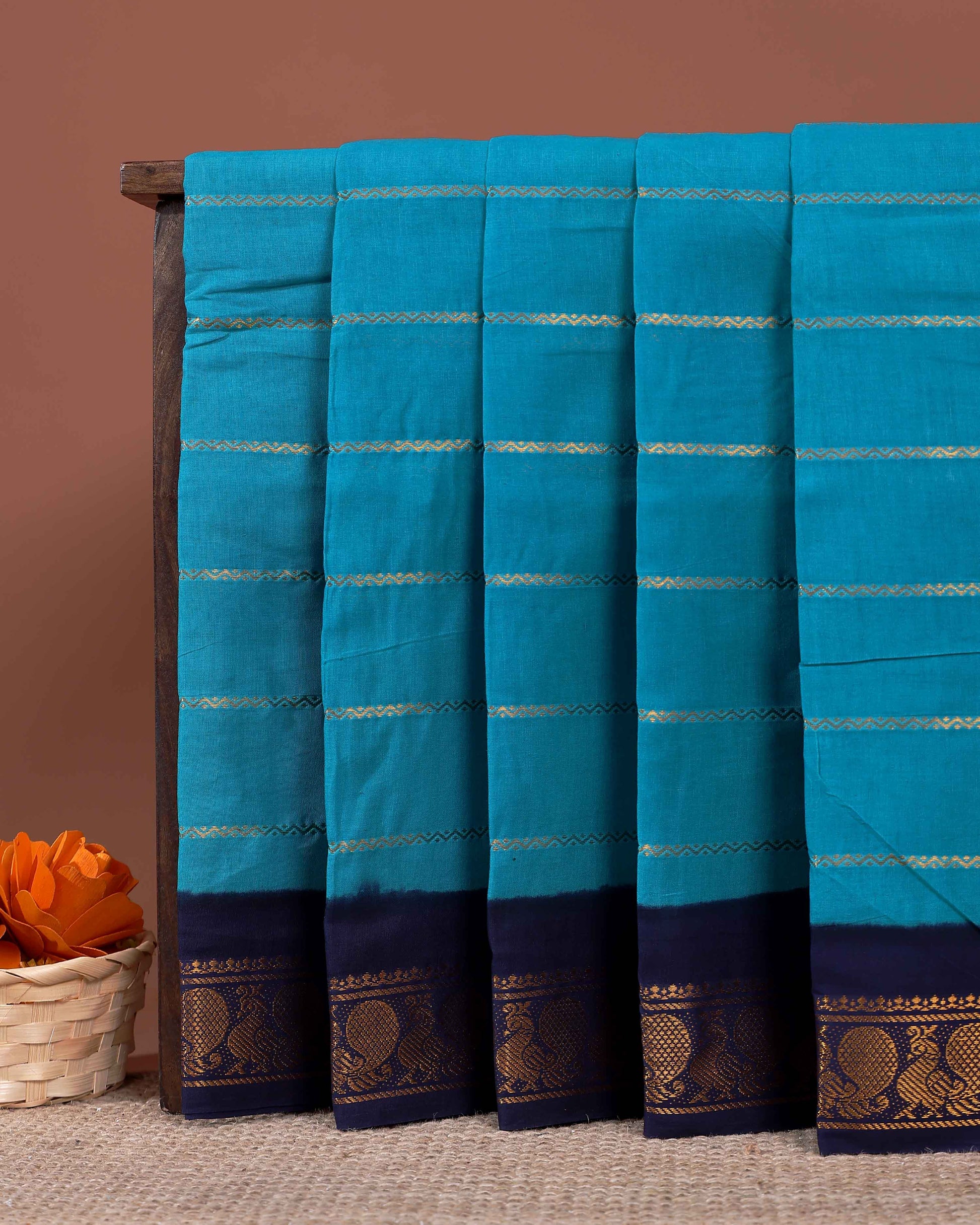 Traditional Sungudi Handloom Cotton Saree with Striped Body and Rich Zari Border - Blue
