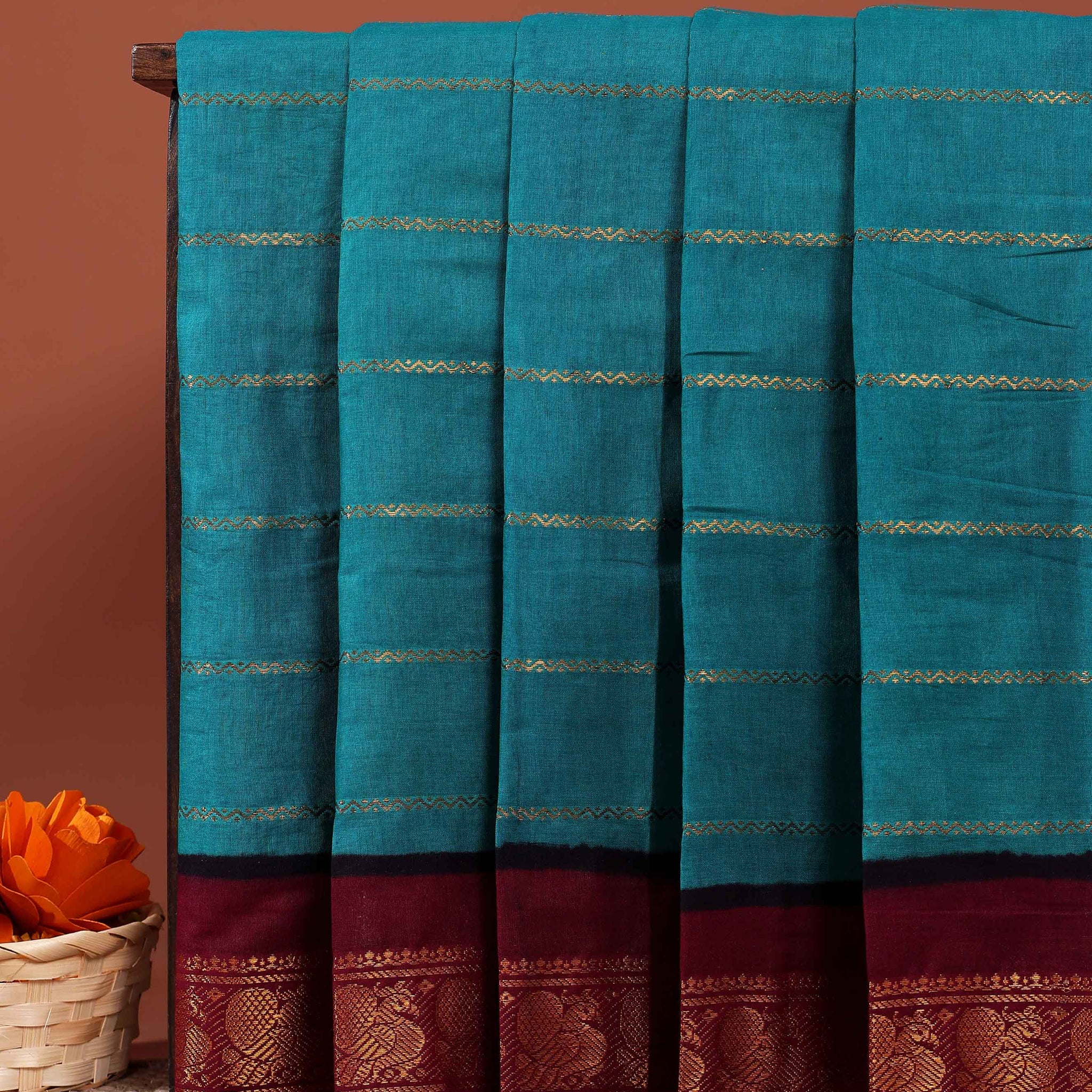 Traditional Sungudi Handloom Cotton Saree with Striped Body and Rich Zari Border - Teal