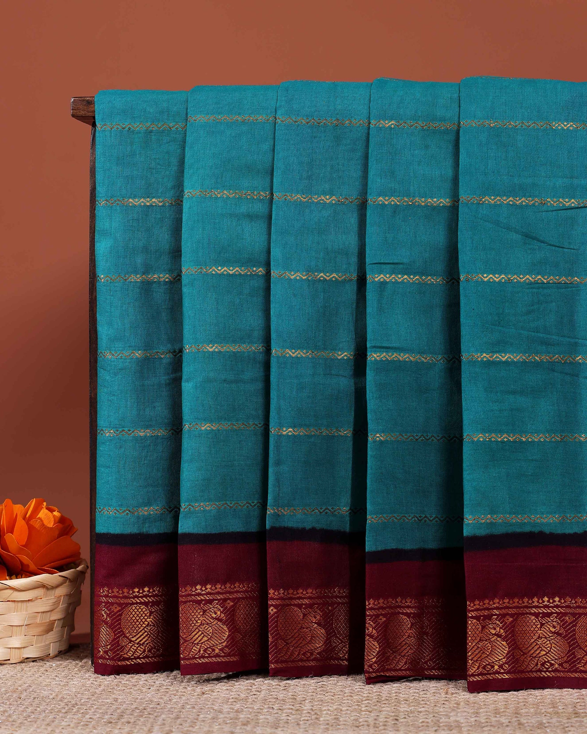 Traditional Sungudi Handloom Cotton Saree with Striped Body and Rich Zari Border - Teal