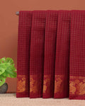 Traditional Sungudi Saree with Intricate Golden Zari Peacock Border and Fine Check Pattern - Maroon