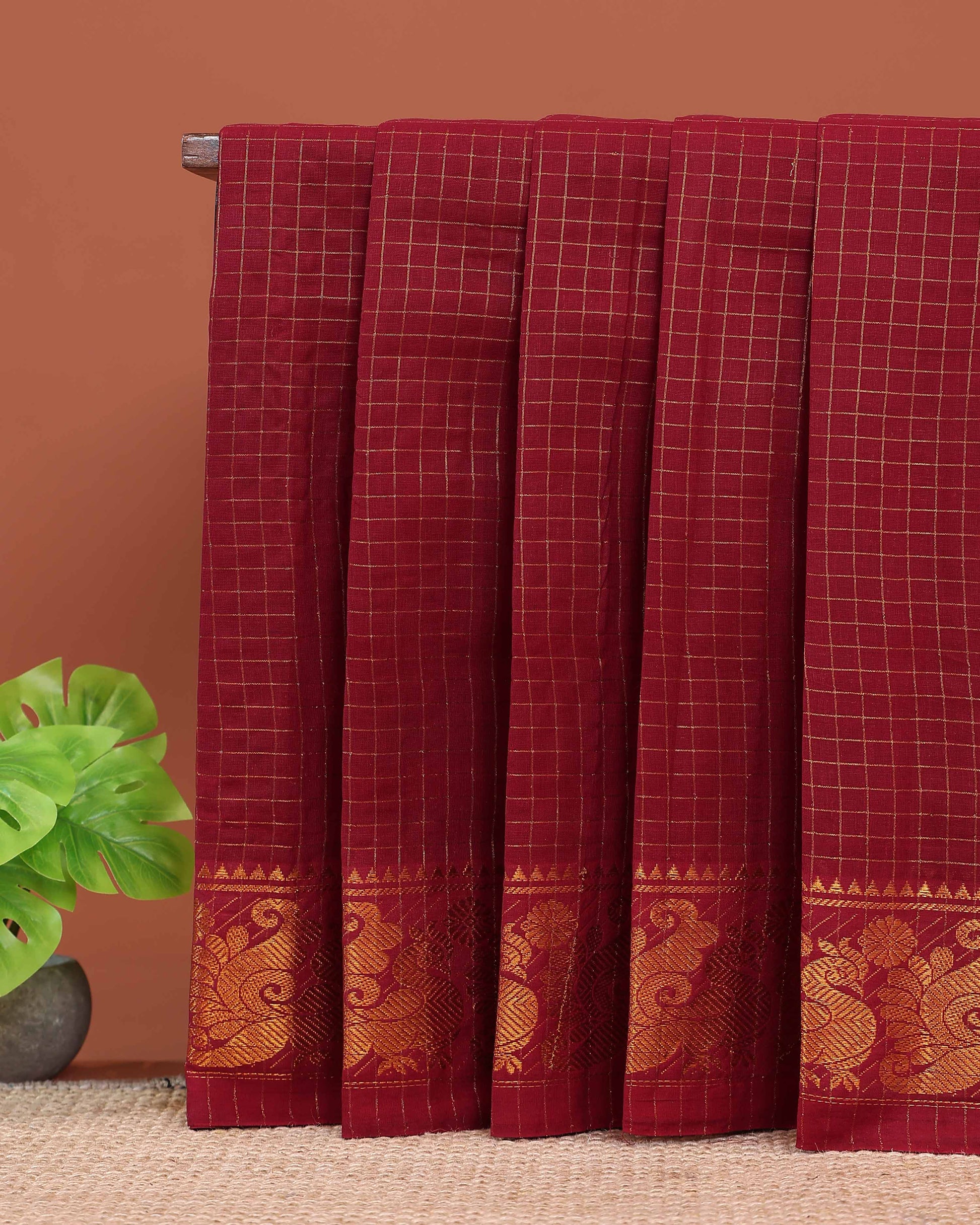 Traditional Sungudi Saree with Intricate Golden Zari Peacock Border and Fine Check Pattern - Maroon