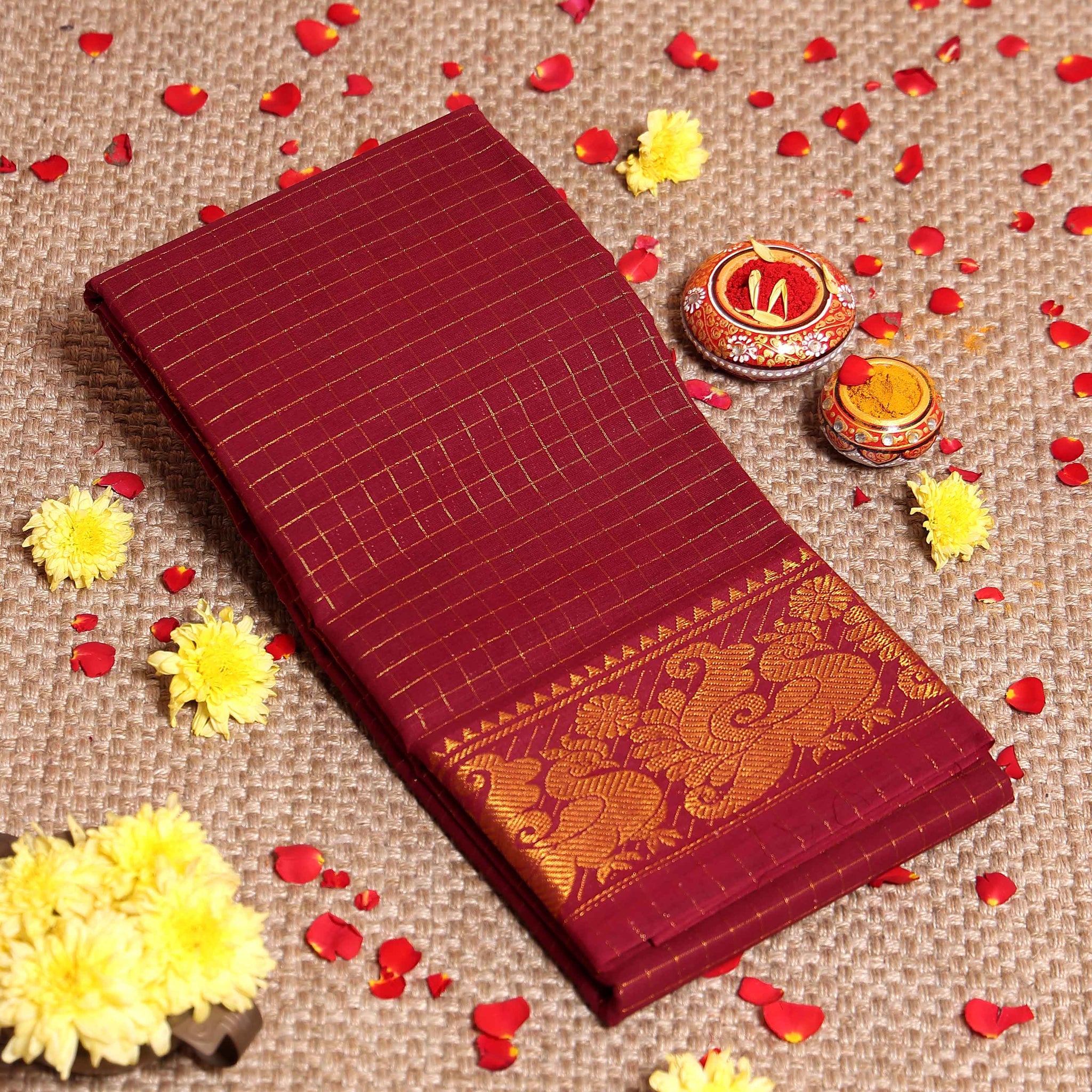 Traditional Sungudi Saree with Intricate Golden Zari Peacock Border and Fine Check Pattern - Maroon
