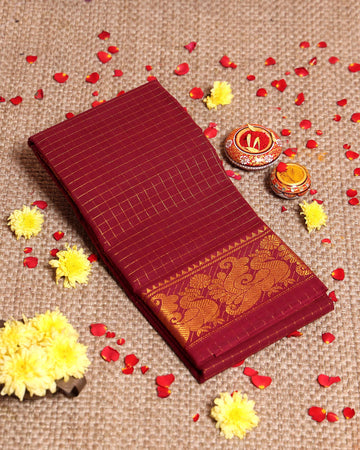 Traditional Sungudi Saree with Intricate Golden Zari Peacock Border and Fine Check Pattern - Maroon