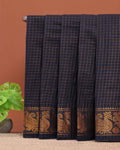 Traditional Sungudi Saree with Intricate Golden Zari Peacock Border and Fine Check Pattern - Navy Blue