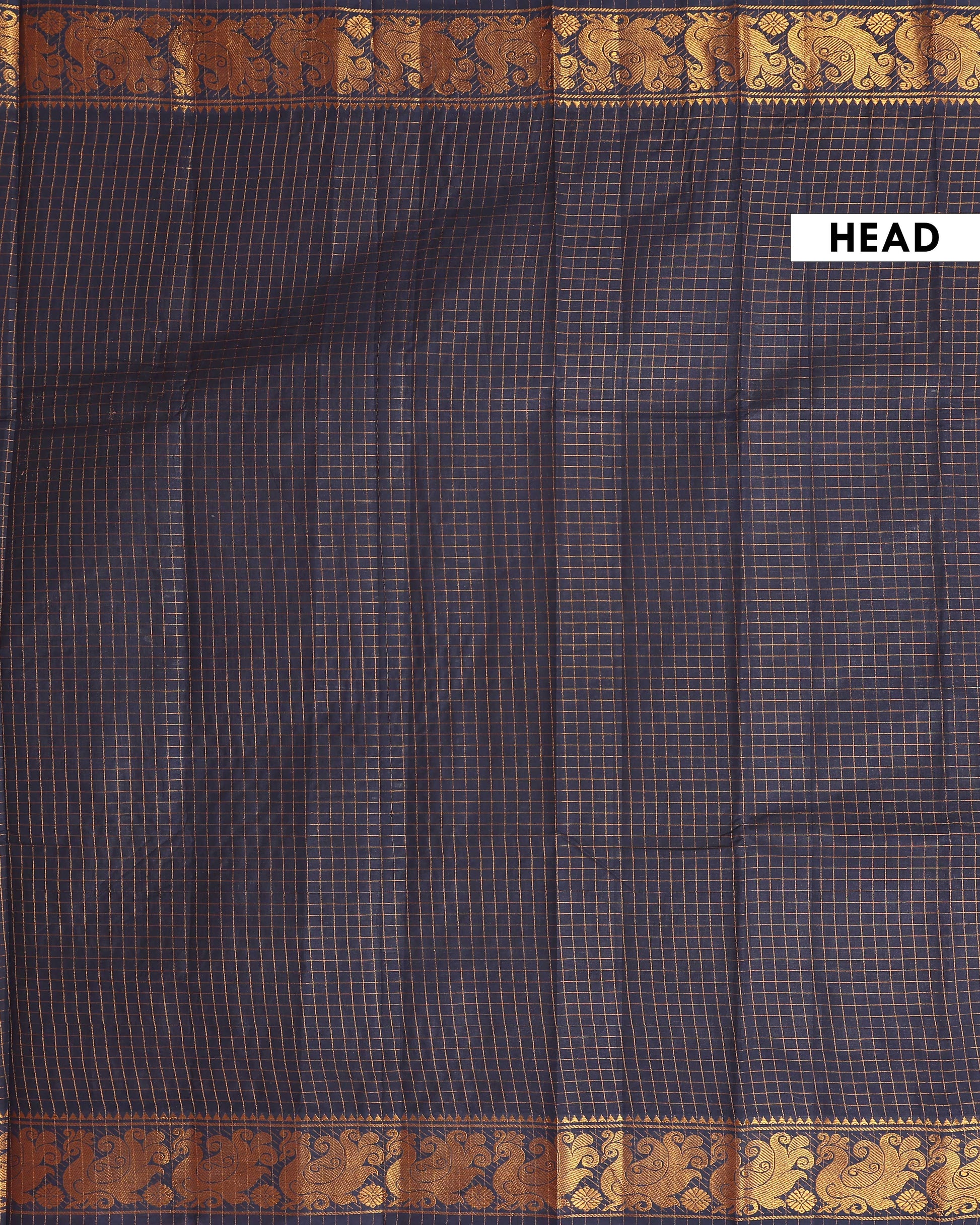 Traditional Sungudi Saree with Intricate Golden Zari Peacock Border and Fine Check Pattern - Navy Blue